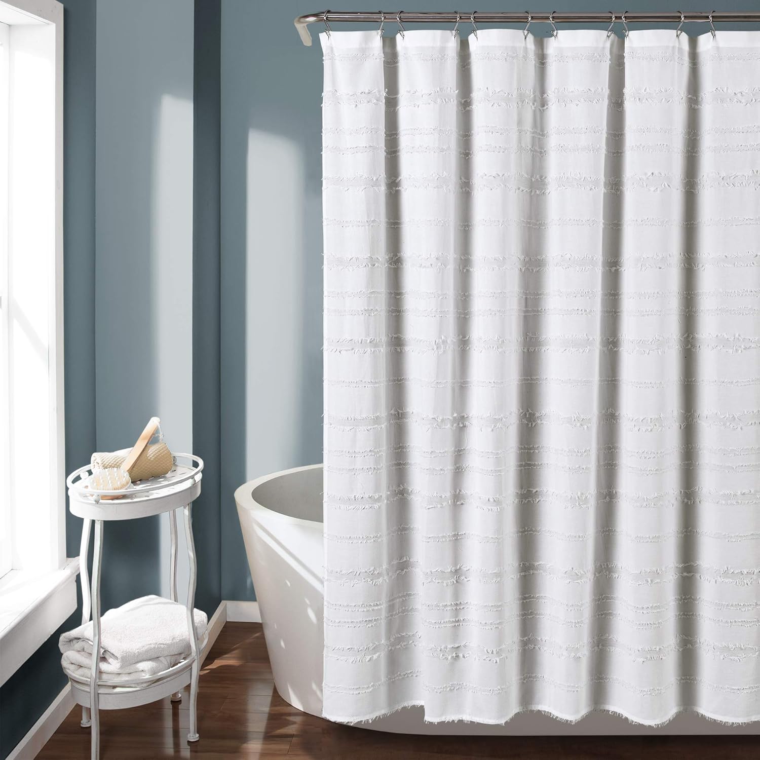 Lush Decor Stripe Clip Jacquard Shower Curtain Single 72" W x 72" L White & Gray - Striped Shower Curtains for Bathroom - White Bathroom Curtain