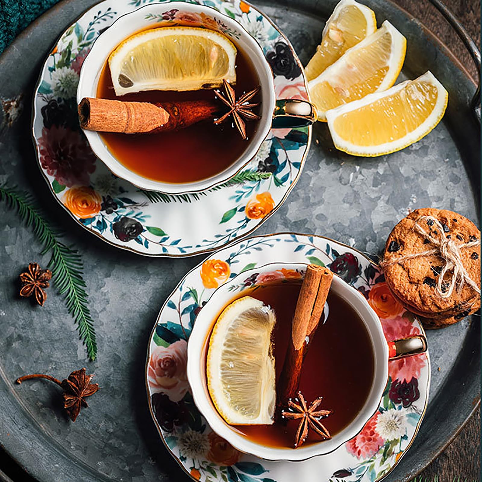 Juego de Tazas y platillos de té de Porcelana China de 2,200 ml,Taza de café con diseño Floral,Taza de café con Leche y Capuchino,Taza de té de Porcelana con platillos y Cuchara, A