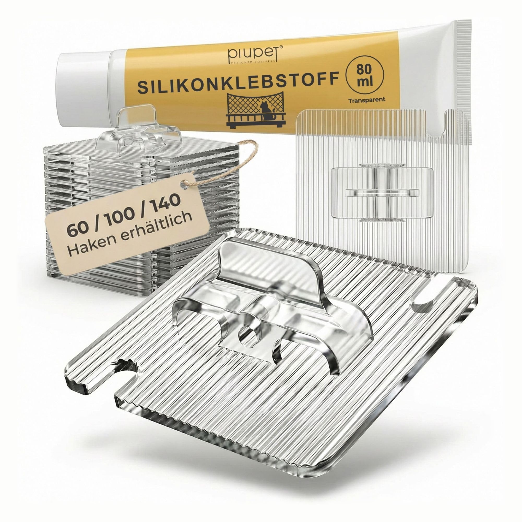 PiuPet® Klebehaken für Katzennetz ohne Bohren I Katzennetz Befestigung Balkon & Fenster ohne Bohren I transparente Haken mit Montagekleber I wetterfest (140 Haken + 2 x 80 ml Kleber)