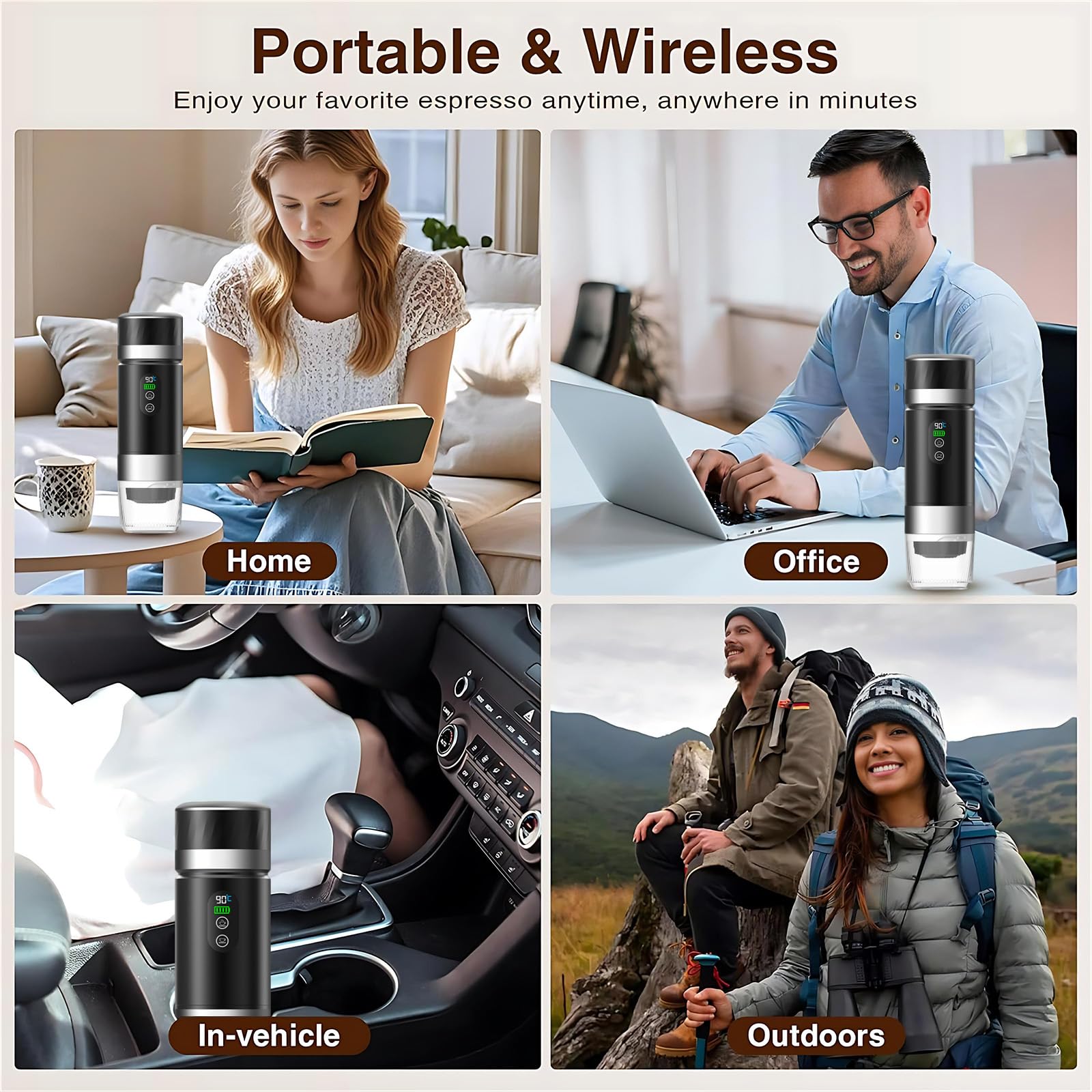 VHV Caffettiera Portatile, 3 In 1 Macchina per Caffè Viaggio - Senza Fili & Auto-Riscaldante - Con Batteria 7500mAh, 20 Bar di Pressione - Adatto a Varie Scene Portatili e Regali (Bianco)