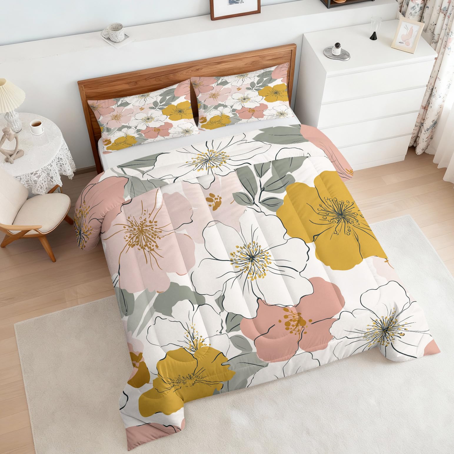 Coverless Duvet Double Floral Pattern, Bedroom Decor, Gift, Hawaii Hibiscus Flower Bedding Comforter Set 3 Piece, 2 Pillowcases, Soft All Season Quilt 10.5 Tog - S&E1274