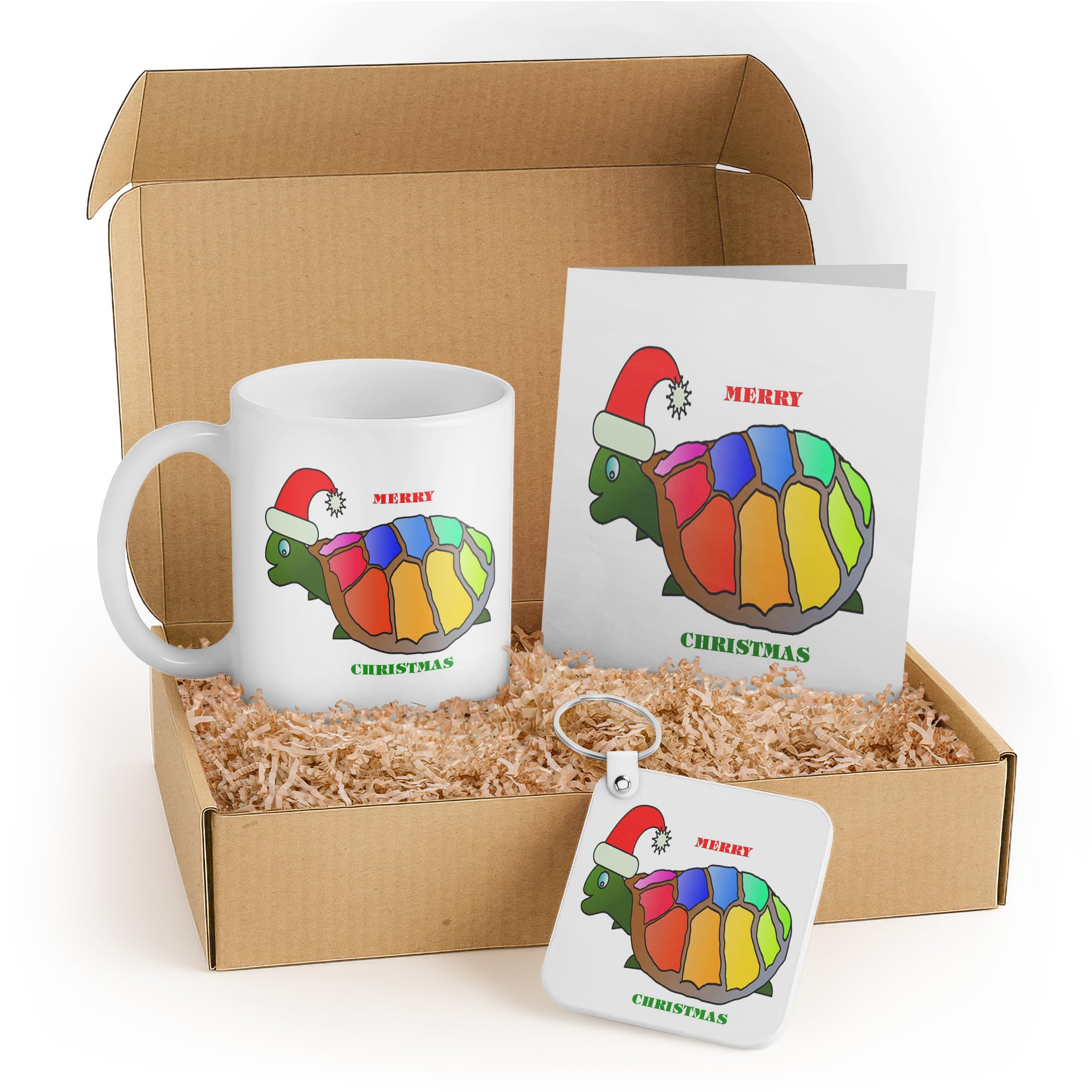 3dRose Merry Christmas Turtle Gift Set with Mug, Keychain, and Card – Colorful Turtle with Santa Hat – Perfect for Kids, Teachers, and Friends