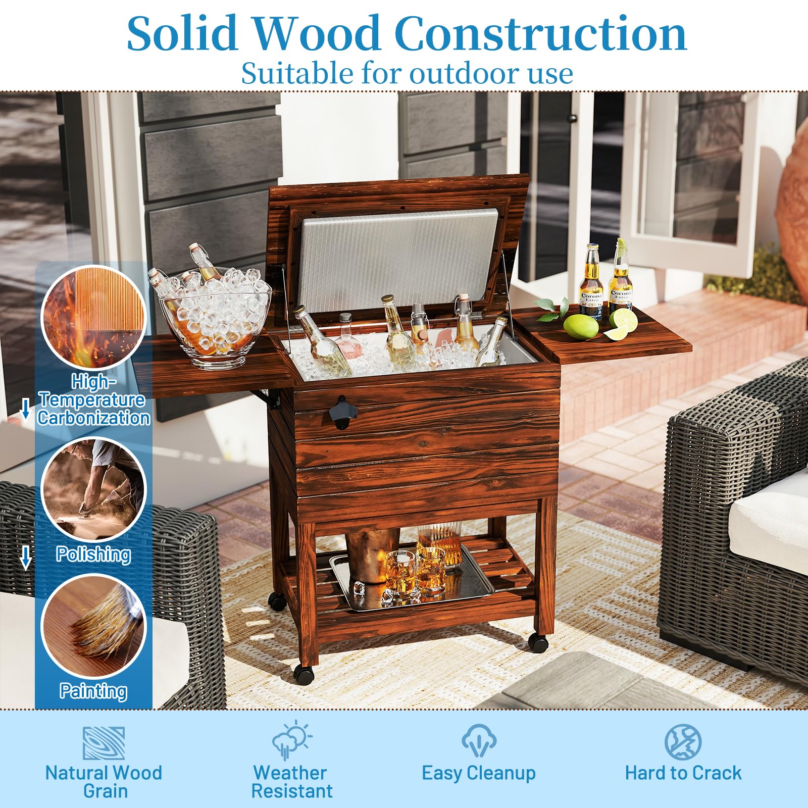 SOARS Nevera móvil para jardín, terraza, piscina, 51 l, bar, 128 x 42,5 x 74 cm, 2-4 horas, 4 ruedas universales, 2 estantes laterales plegables