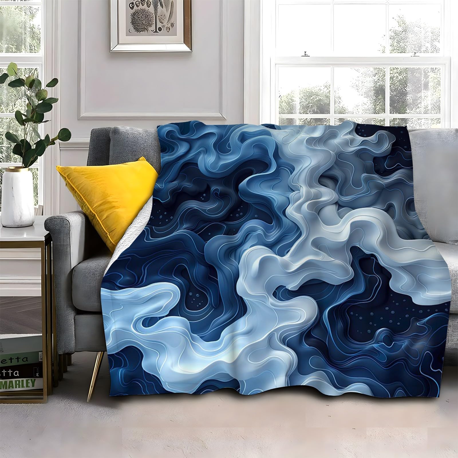 Plaid Épais Marbre Bleu Foncé 180x200 cm - Couverture Polaire Douce pour Grand Lit et Canapé