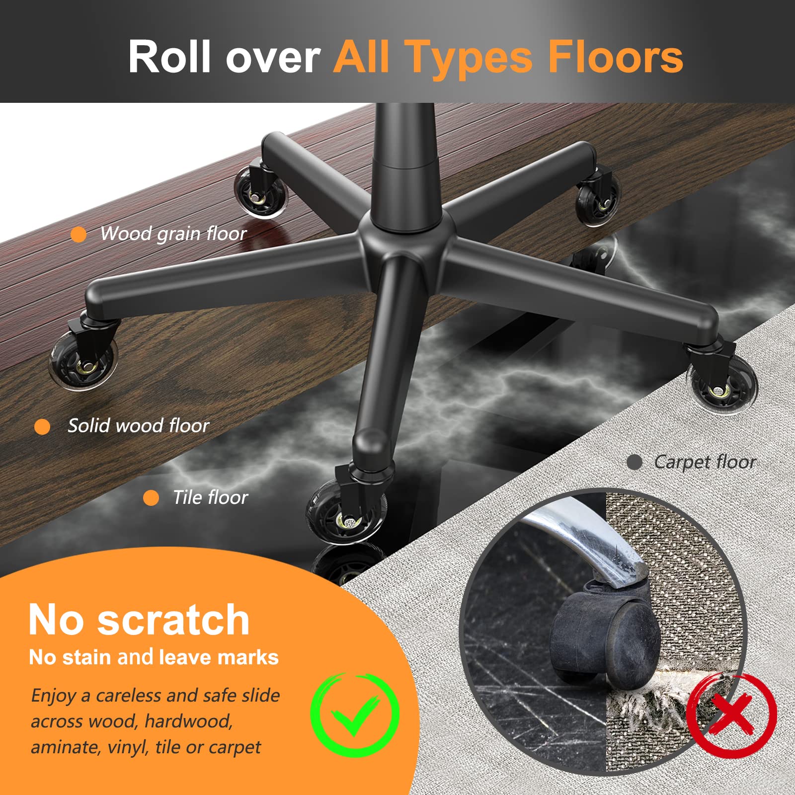 Office Chair Wheels Replacement Rubber Chair Casters for Wood Floor Carpet Tile Set of 5 - Image 2