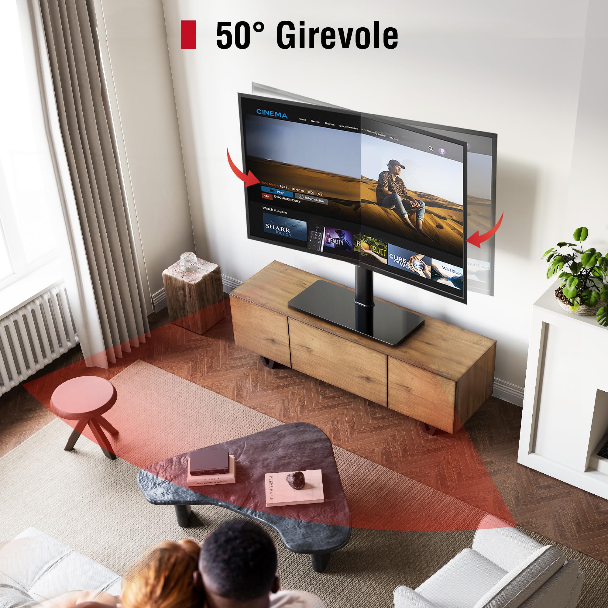 AOKCOS Supporto TV da Tavolo Inclinabile per 42-85 Pollici, Girevole & Altezza Regolabile Piedistallo TV con Base, Mobile Porta TV Max VESA 600x400mm 50KG