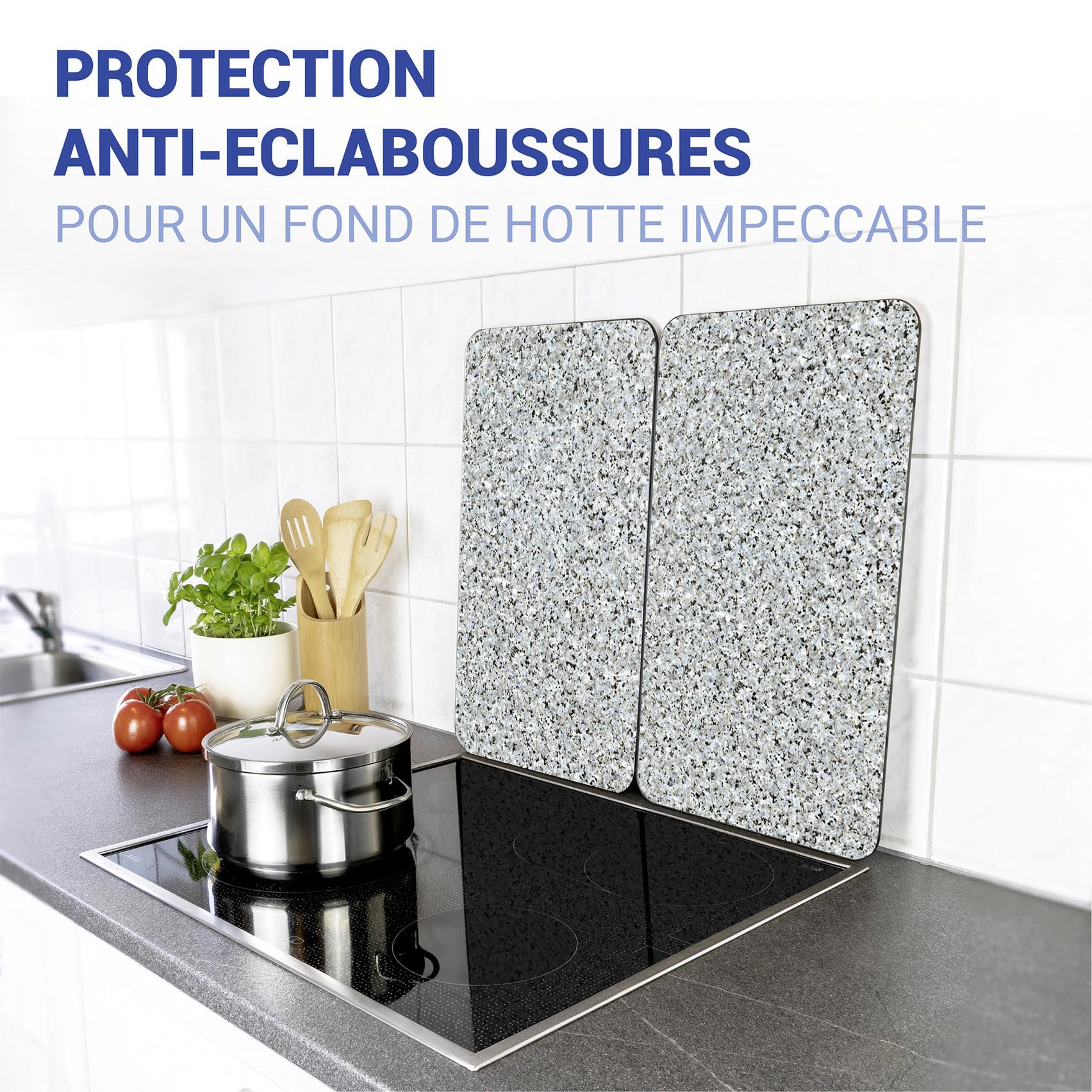 WENKO Plaque de Recouvrement Universelle Mod. Granit, réglable en hauteur pour tout type de cuisinière, planche à découper et protection anti-éclaboussures, verre, 30 x 52 cm, 2 pièces