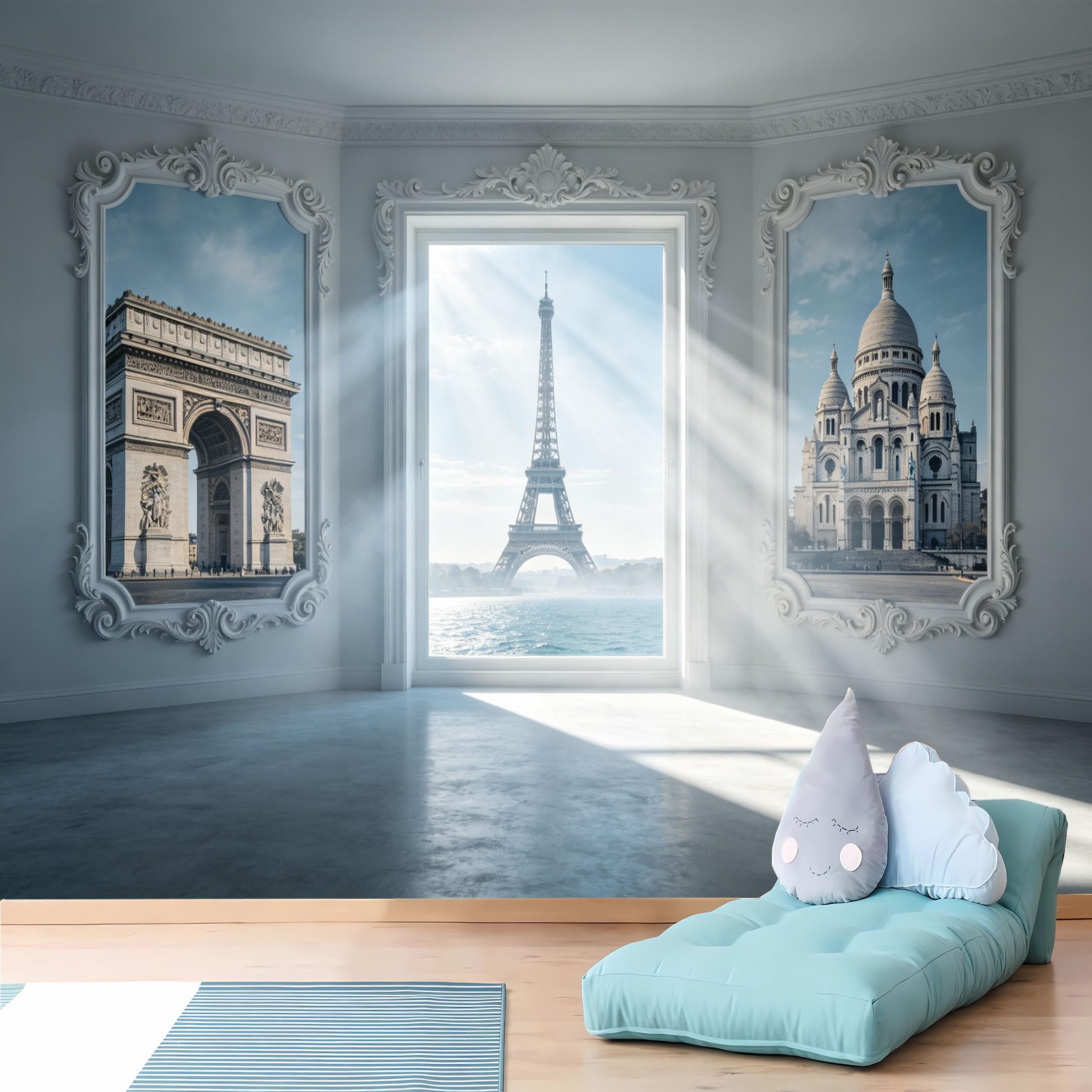 Custom Size Wall Murals Paris Landmarks Through Ornate Frames Wall Murals City View Wallpaper Realistic Self-Adhesive Removable Wallpaper for Living Room Bedroom