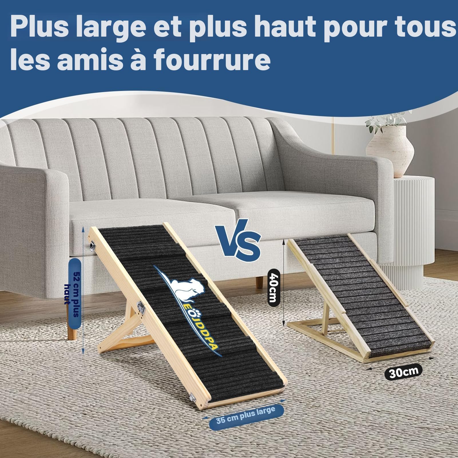 Rampe Pliable en Bois pour Chien réglable Hauteur 25-52 cm Longueur 83 cm Largeur 35 cm Antidérapante jusqu'à 15 kg
