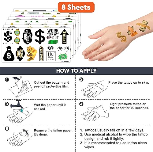 Miniatura 7 de 96 piezas de tatuajes temporales divertidos tatuajes para dinero, tarro de dinero, calcomanías con símbolos temáticos para decoración de fiesta de