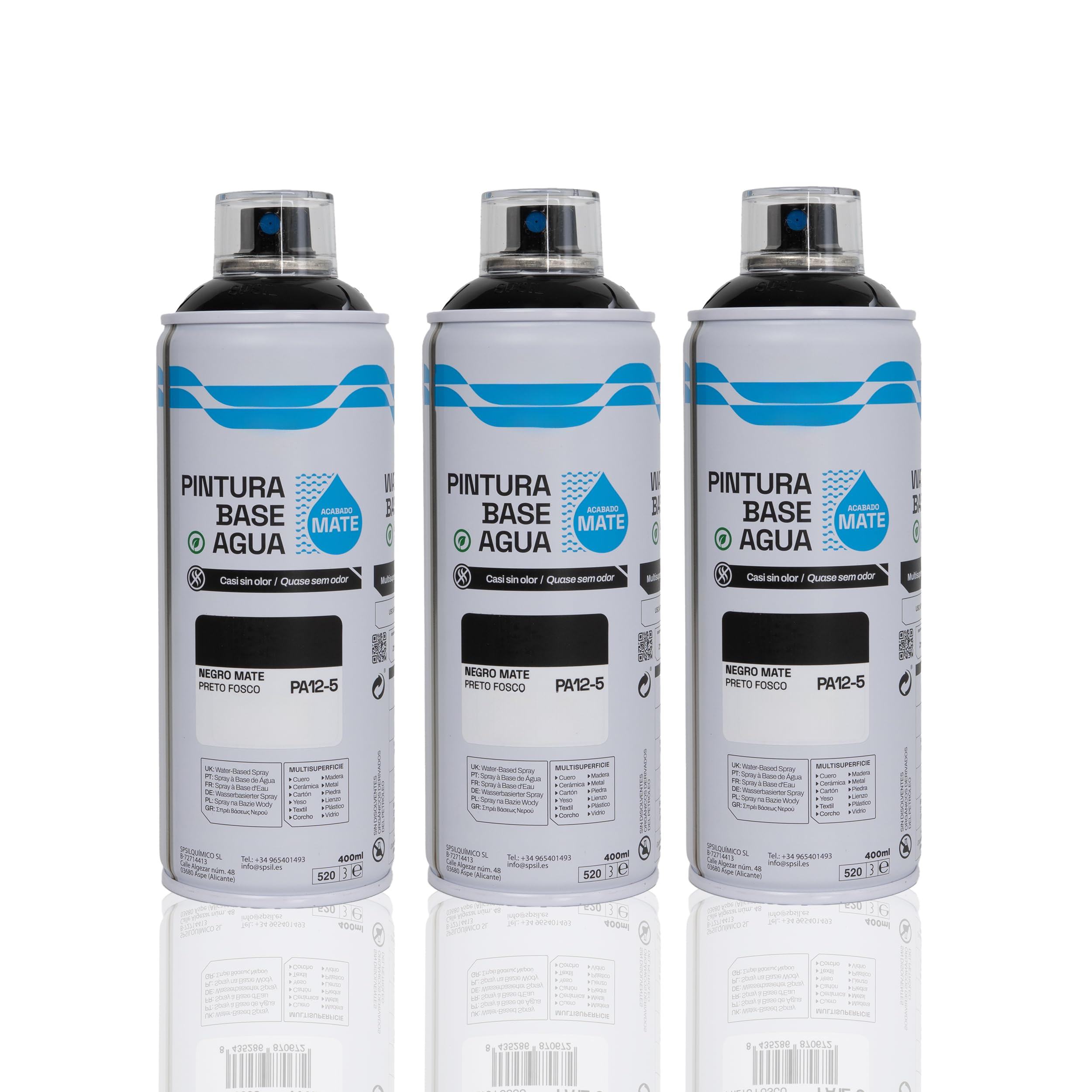 BESCH Pintura en Spray Base Agua 400ml – Ecológica, Sin Olor, para Madera, Plástico, Metal y Cartón – Cobertura Uniforme y Secado Rápido - Negro Mate, Pack de 3 unidades