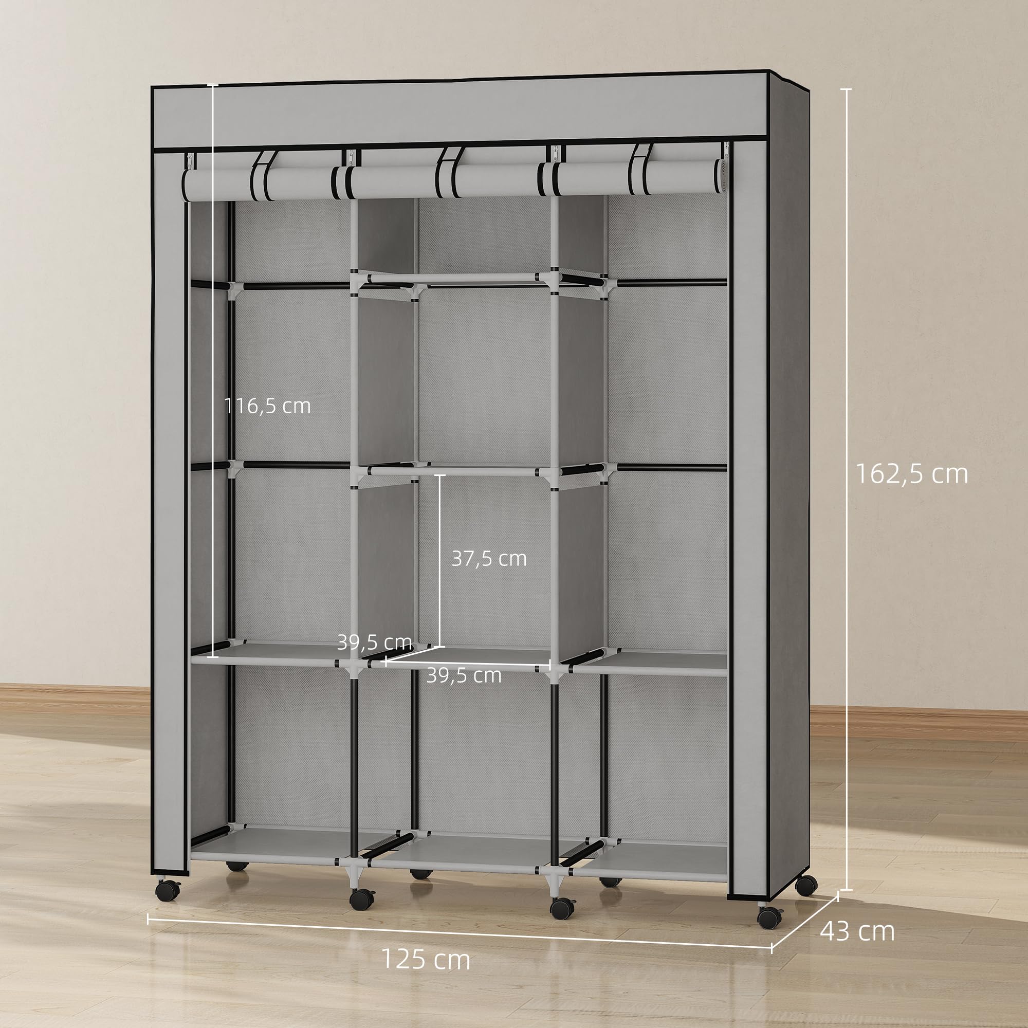 HOMCOM Kleiderschrank Stoffschrank mit Kleiderstange, Ablagen, Reißverschluss Faltschrank Stoffkleiderschrank für Schlafzimmer, Ankleidezimmer, 125 x 43 x 162,5 cm Hellgrau