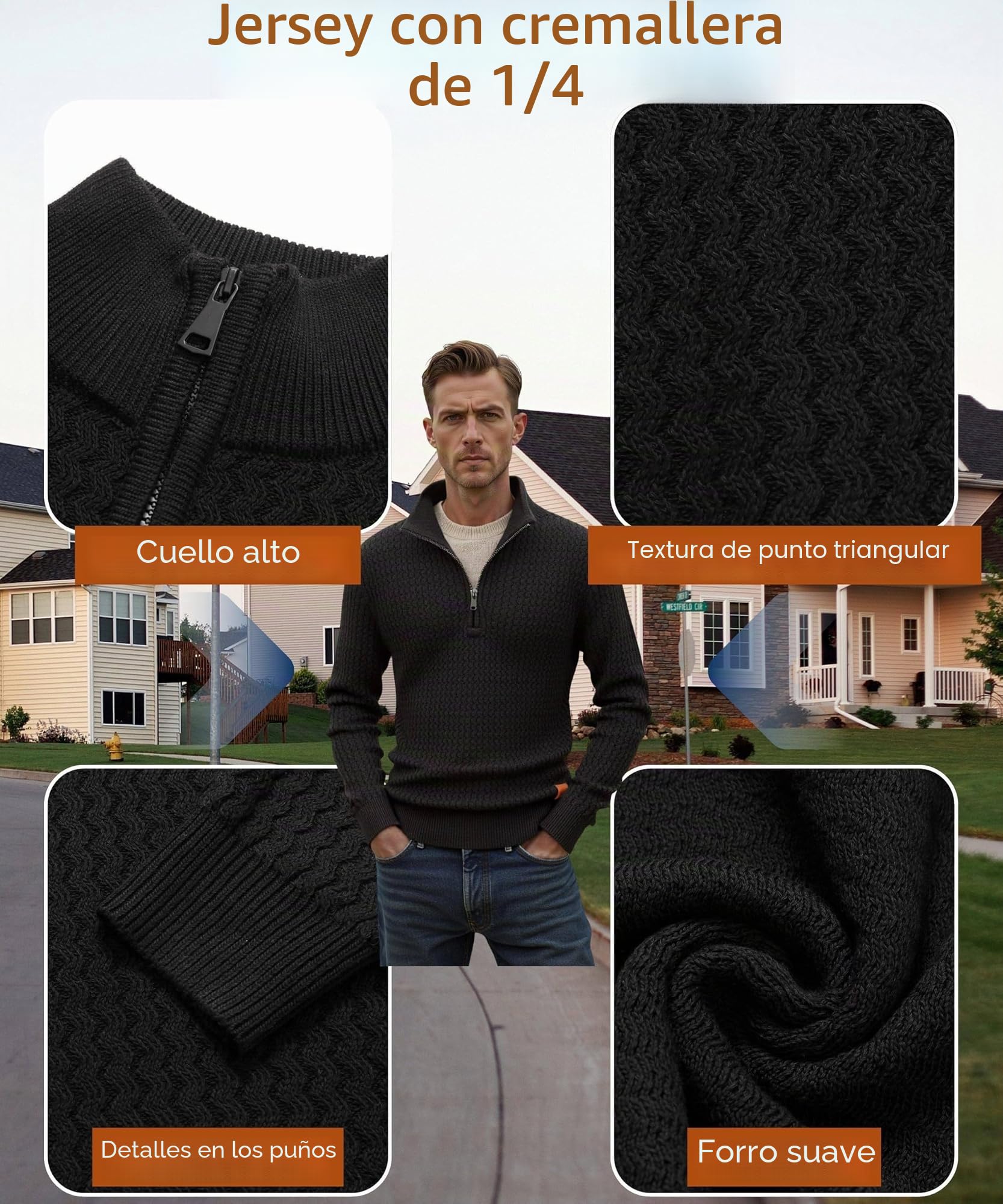 Jersey de Punto para Hombre Invierno Cuello Alto Color Sólido Suéter Punto Grueso Caliente Suéter Manga Larga Regular Fit con 1/4 Cremallera JerséIs