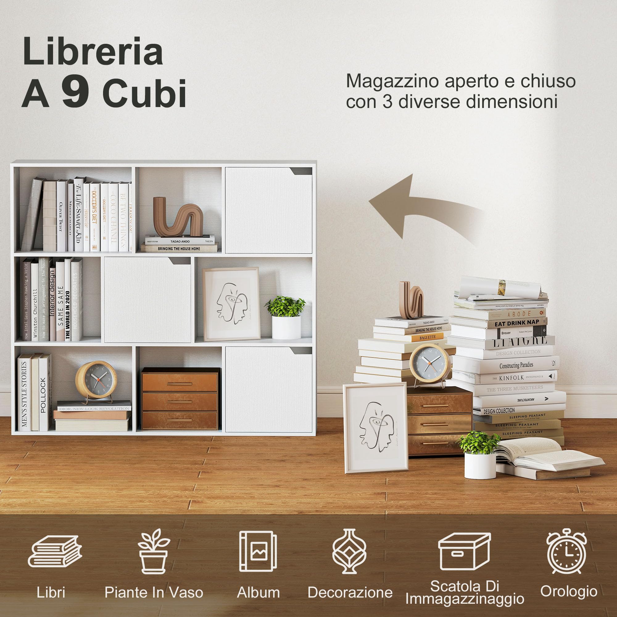 HOMCOM Libreria a Cubi 6 Sezioni Aperte, 3 Chiuse, 106x24x95 cm, Bianco