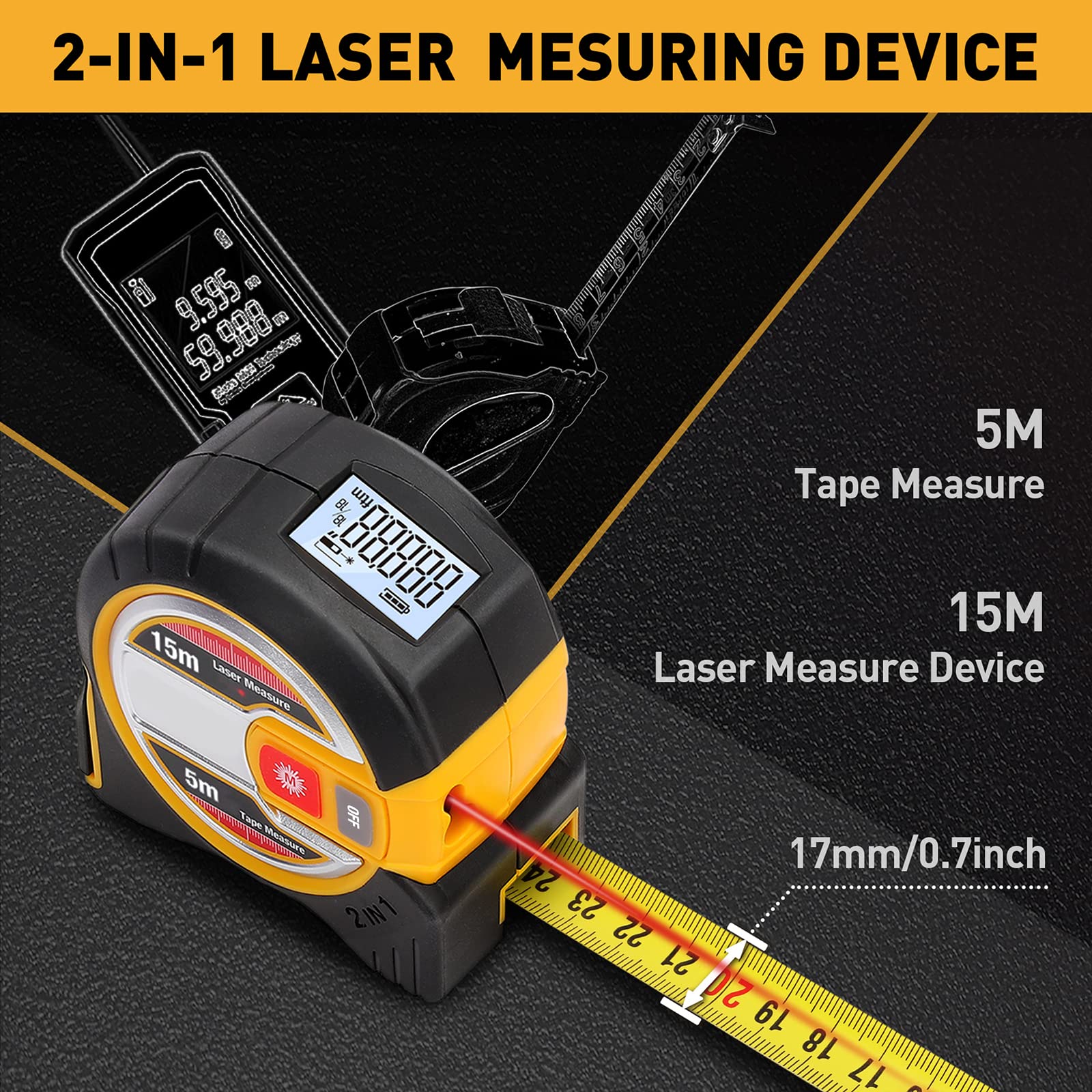 Misuratore di distanza digitale a infrarossi, 15 m, 2 in 1, con metro a nastro da 5 m, display LCD, dispositivo di misurazione per edilizia e installazione
