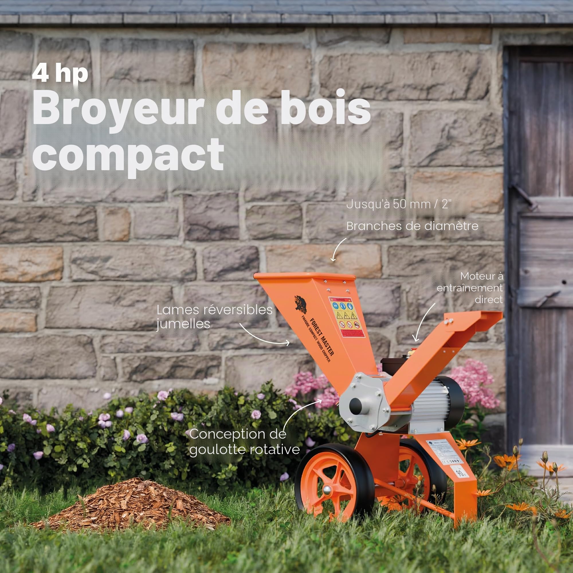 FM4DDE-EU-ADJ Broyeur de Bois Électrique 4hp avec Trémie Rotative – Entraînement Direct, Compact et Portable – Broie jusqu’à 50 mm de Diamètre avec Système Anti-Bouchage Amélioré et Prise EU