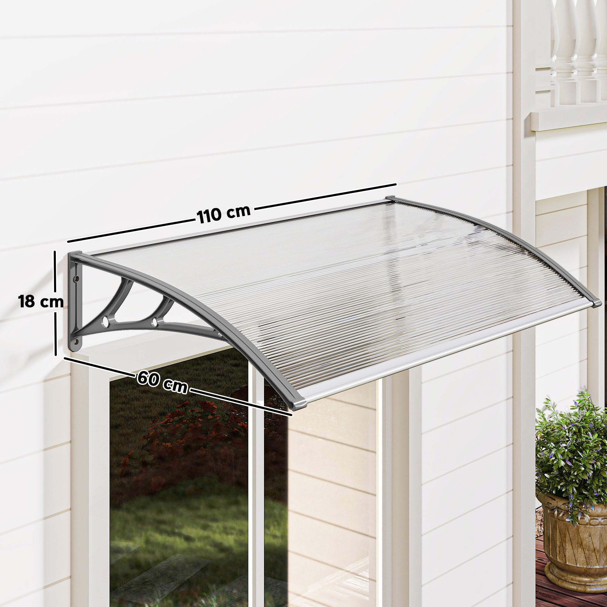 Outsunny Marquesinas Exterior para Puertas y Ventanas, 110x60 cm, Tejadillo de Protección contra Sol y Lluvia, con Cubierta de Policarbonato, Soportes de PP y Regleta de Aluminio, Gris y Transparente
