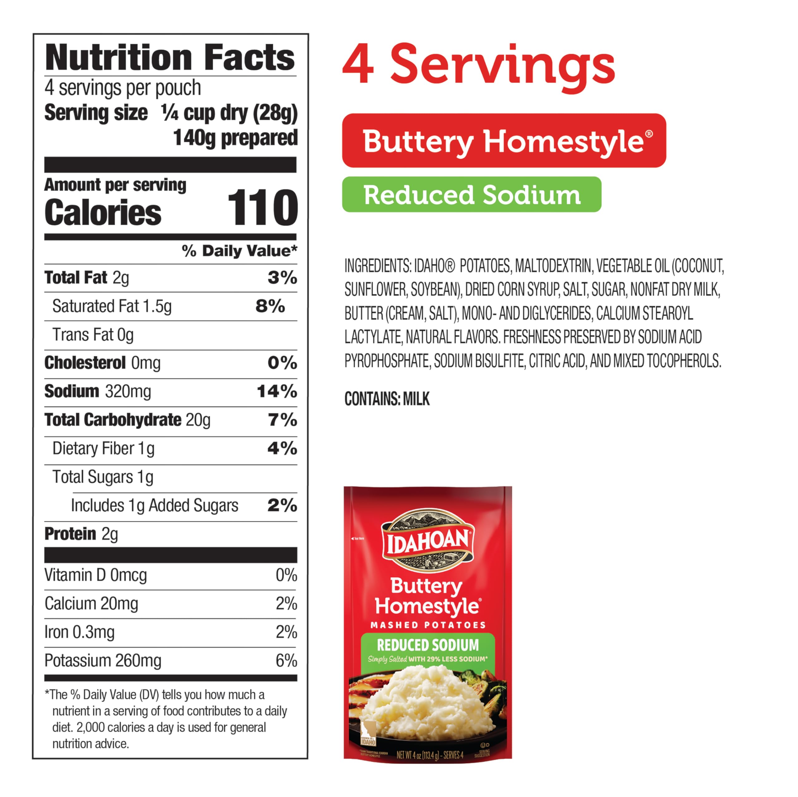 Idahoan Reduced Sodium Mashed Potatoes, Buttery Homestyle, 4 Ounce (Pack of 12)