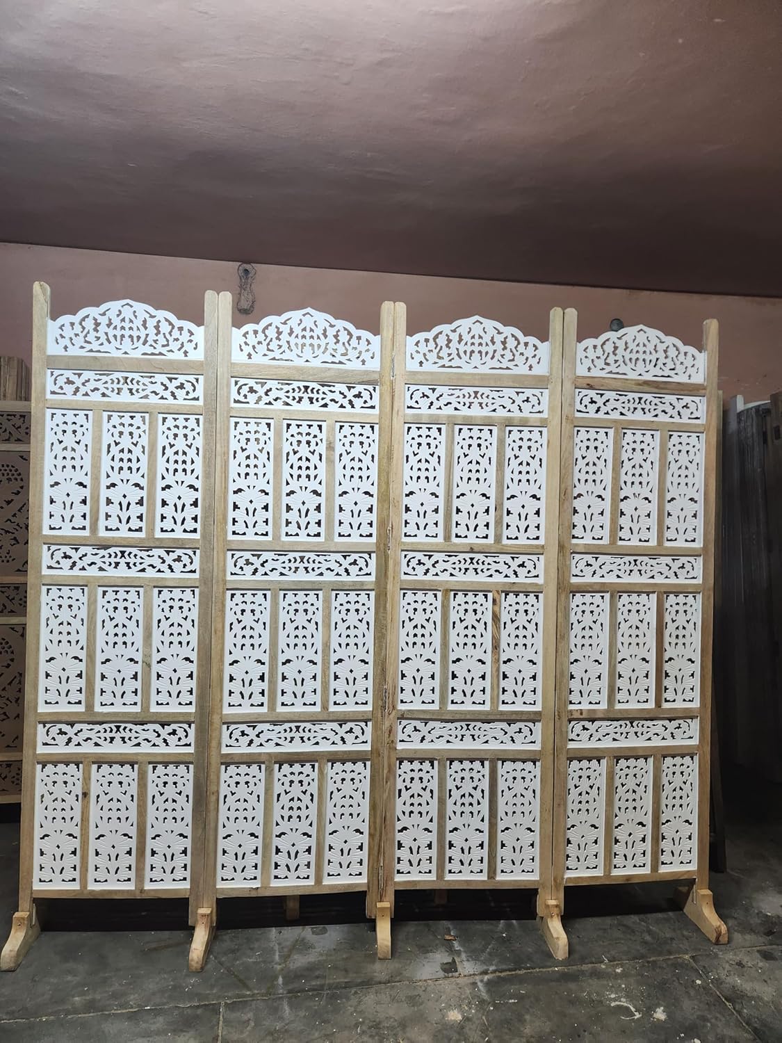 Home & Goods International Wooden Room Divider Partition - Foldable Wood Screen Separator for Living Room, Bedroom, Office, Restaurant - Kangra Badrun, Natural & White (4 Panel with Stand)