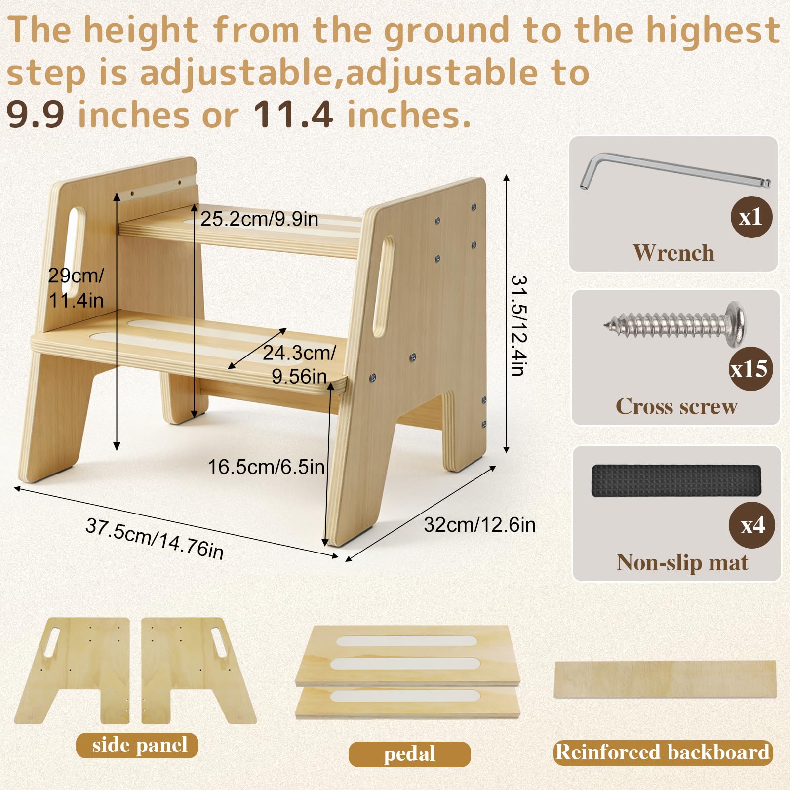 Sgabello in Legno per Bambini a 2 Gradini Regolabile Antiscivolo 150 kg