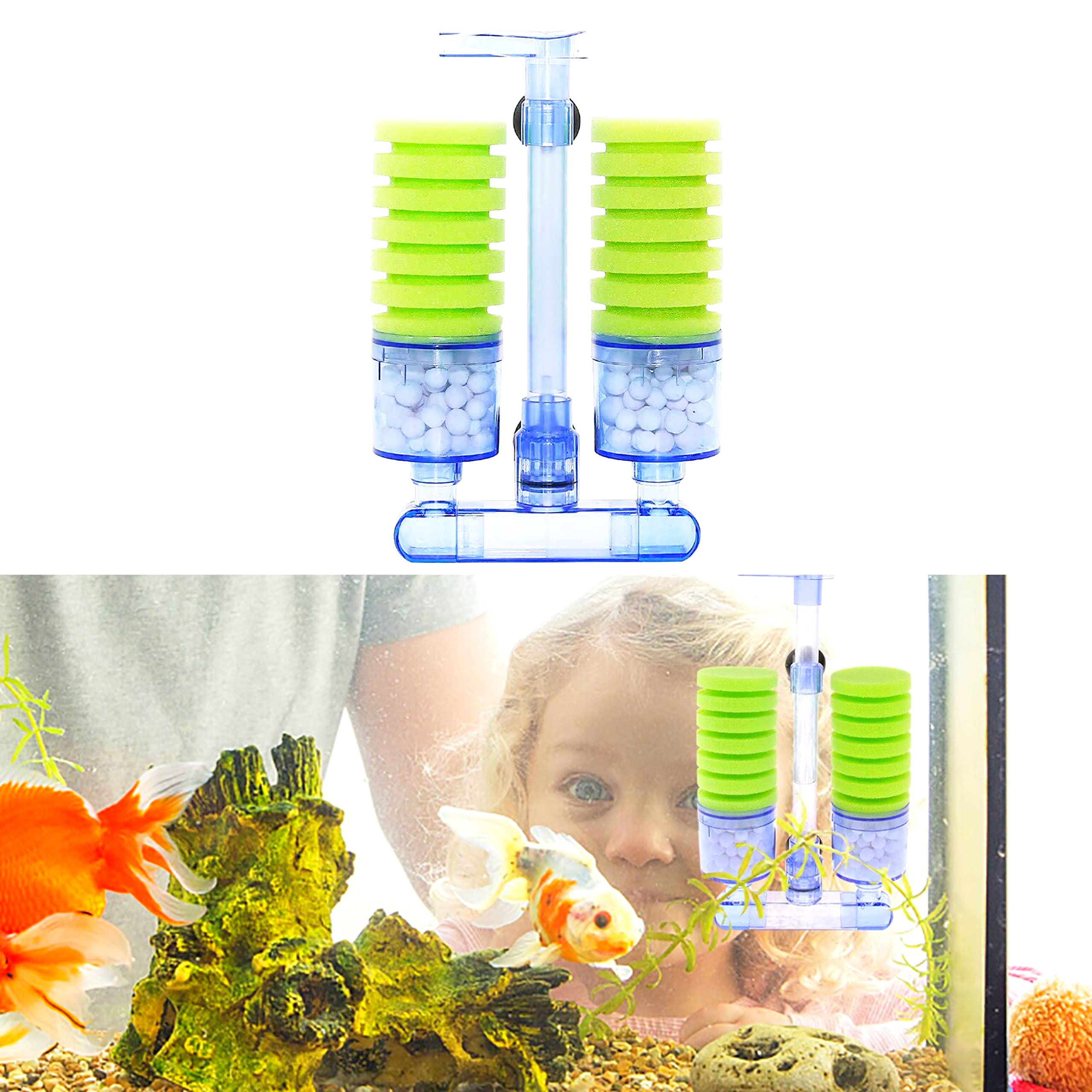 Xinyou XY- 2882 Ultra Quite Aquarium Double Head Bio Sponge Fish Tank Foam Filter-Green with Bio Ceramic Media Balls by Petzlifeworld