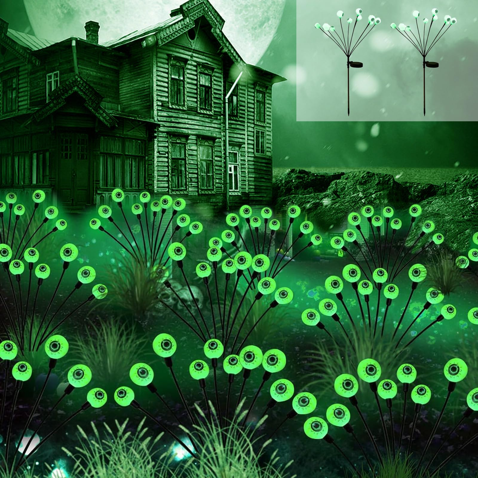 Lámparas Solares de Decoración de Halloween,2 Piezas 10 LED Globo Ocular Lights Garden con Energía Solar,Luces de Césped,Luces de Jardín,para Jardín, Patio, Decoración Nocturna,Fiesta de Halloween
