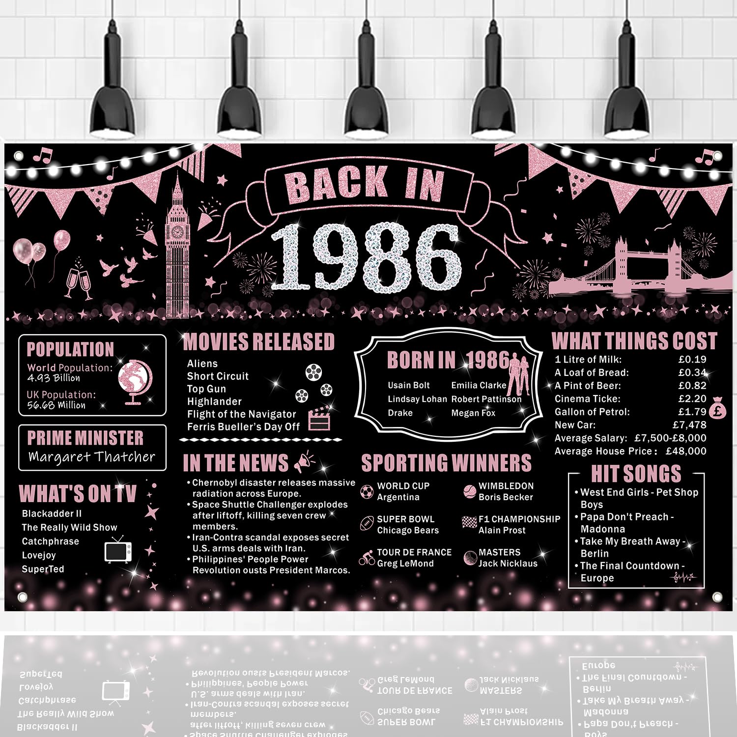 Back in 1986 Birthday Backdrop - 40th Birthday Decorations for Men & Women, Large Retro 1986 Poster Banner - 40th Anniversary Photo Props (Black Pink-1986)