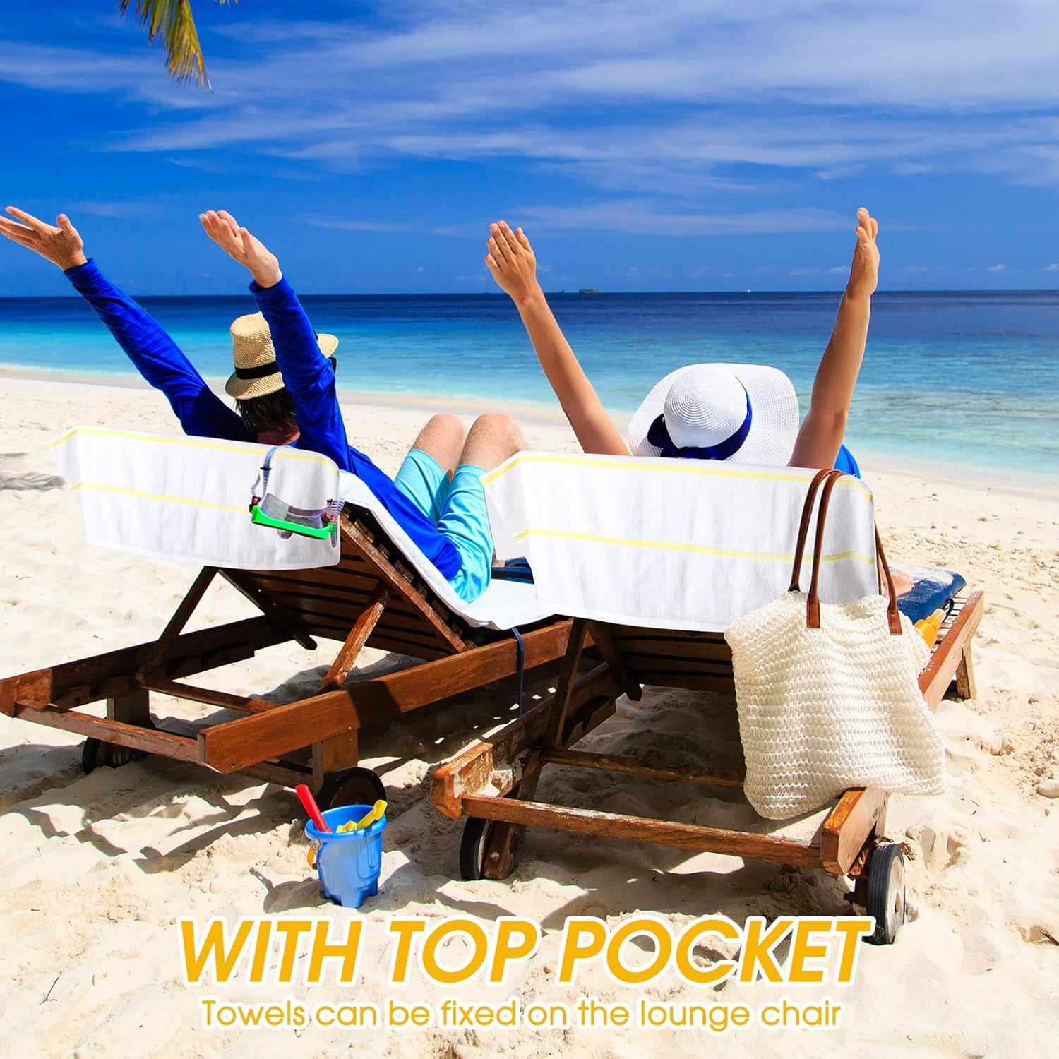 4 Pack Pool Chair Covers Towel Chaise Lounge Cushion Cover with Top and Side Pockets Cotton Oversized Beach Chair Towels for Indoor Outdoor Patio Sunbathing, 85 x 30 Inch (Yellow Stripes)
