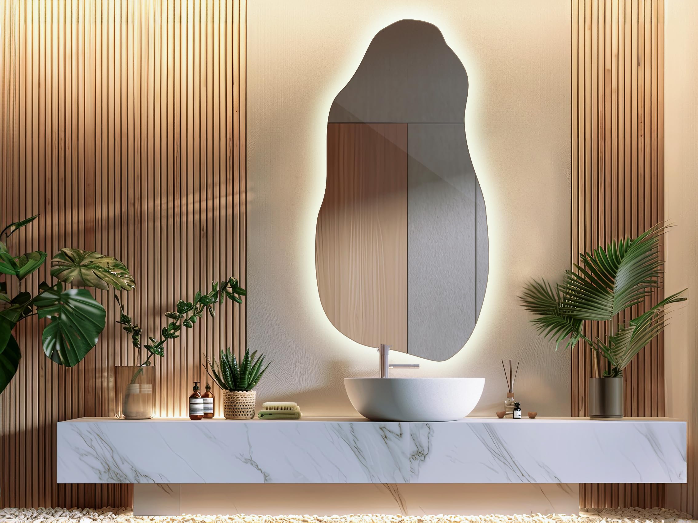Specchio Irregolare con LED 50 x 100 cm da Parete, Forma Organica Moderna Senza Cornice con Luce Neutra, Specchio Arredo per Soggiorno e Ingresso