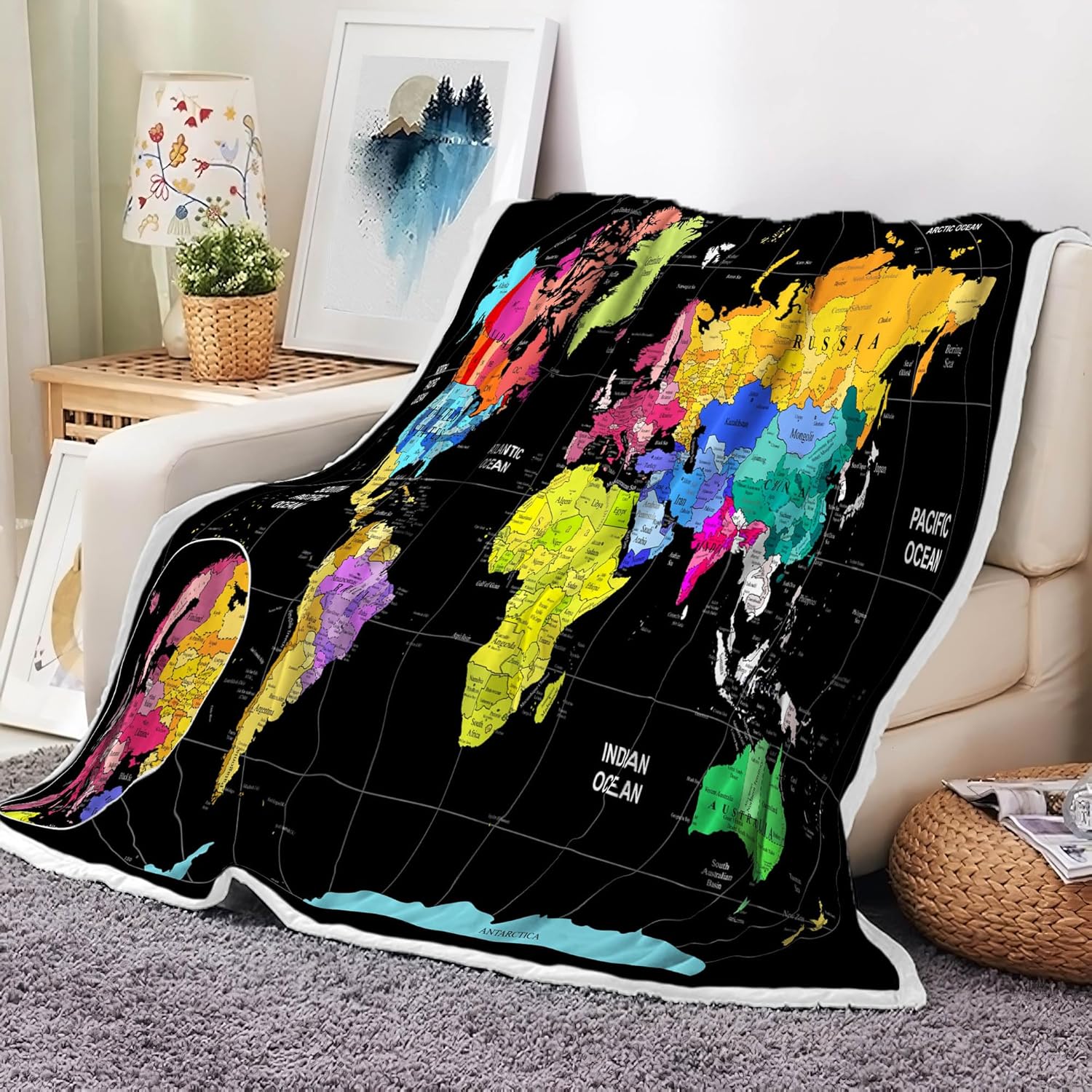 JAWO World Map Throw Blanket, Countries and Major Cities Blankets for Teens Kids Boys Girls, Map of The World Throw Blanket for Couch Sofa Bed Travel Camping, 60X90in, Black