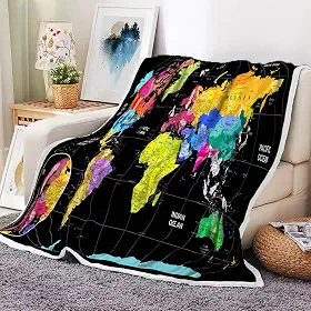 JAWO Cobertor de mapa do mundo, cobertores de países e grandes cidades para adolescentes, crianças, meninos, meninas, mapa do mundo, cobertor para sofá, cama, viagem, acampamento, 127 x 152 cm, preto