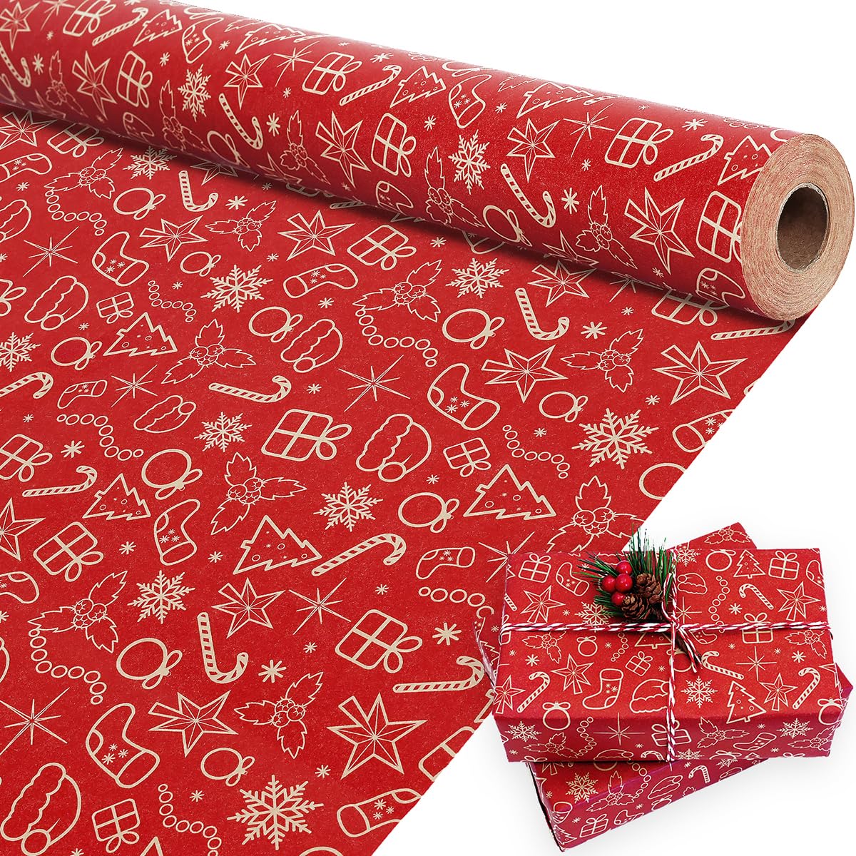 Carta Da Regalo Natalizia A Rotolo Kraft: 76 Cm X 12 Metri Con Babbo Natale Vintage. Perfetta Per Confezionare Regali Grandi E Piccoli! - 2