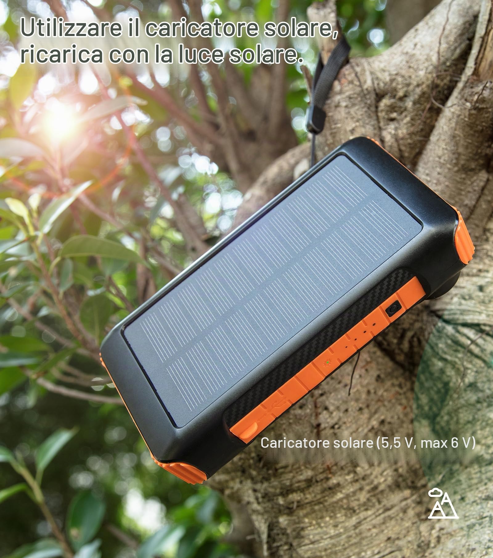 Solar Power Bank 20000 mAh con manovella integrata e 4 cavi 22,5 W ricarica rapida Power Bank 5 uscite e 5 ingressi caricatore portatile solare, SOS/stroboscopio/torce forti, moschettone