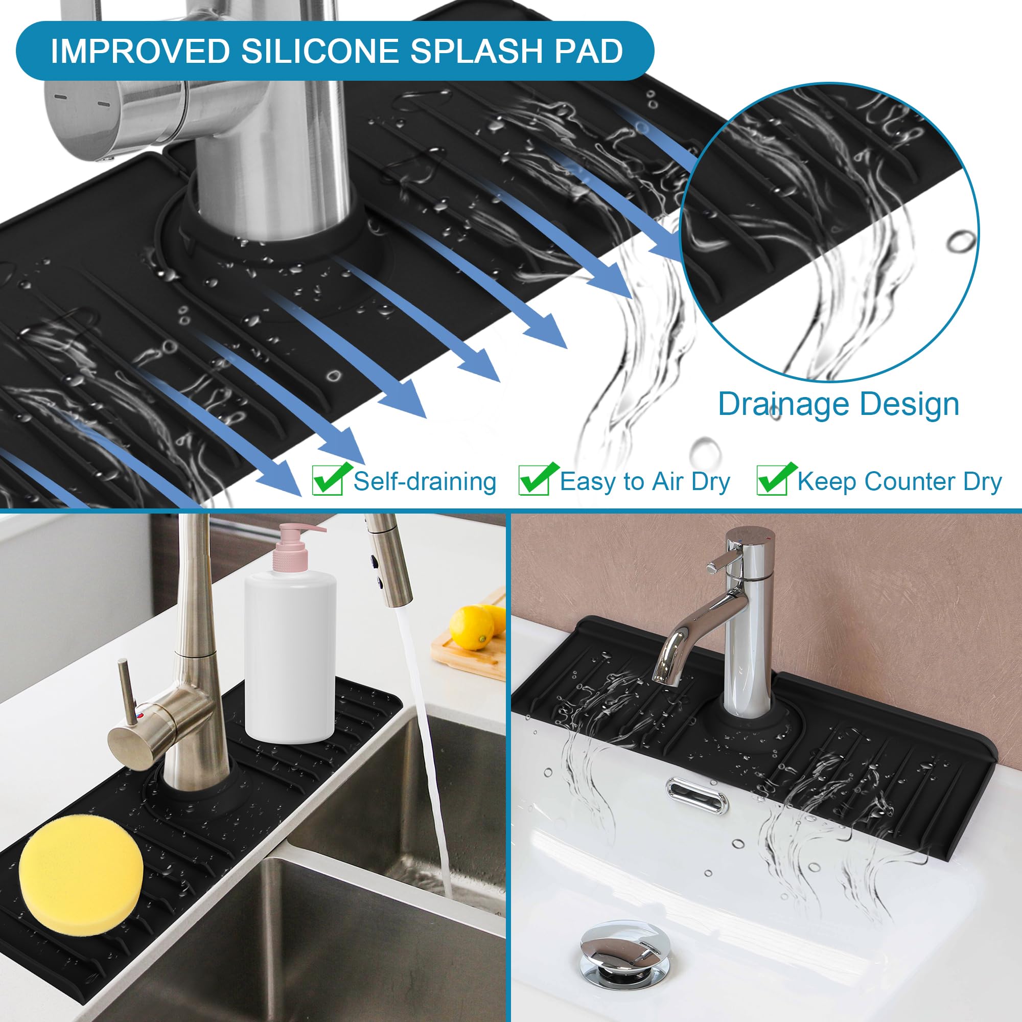 Paraspruzzi Per Rubinetto In Silicone - Tappetino Per Cucina E Bagno, 37x13.6 Cm, Con Fori Di Drenaggio - Foto 13