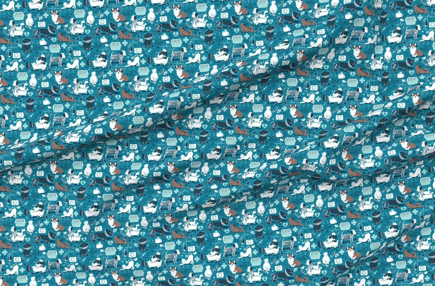 Spoonflower Fabric - Vet Medicine Happy Friends Small Scale Turquoise Background Aqua Navy Printed on Petal Signature Cotton Fabric by The Yard - Sewing Quilting Apparel Crafts Decor