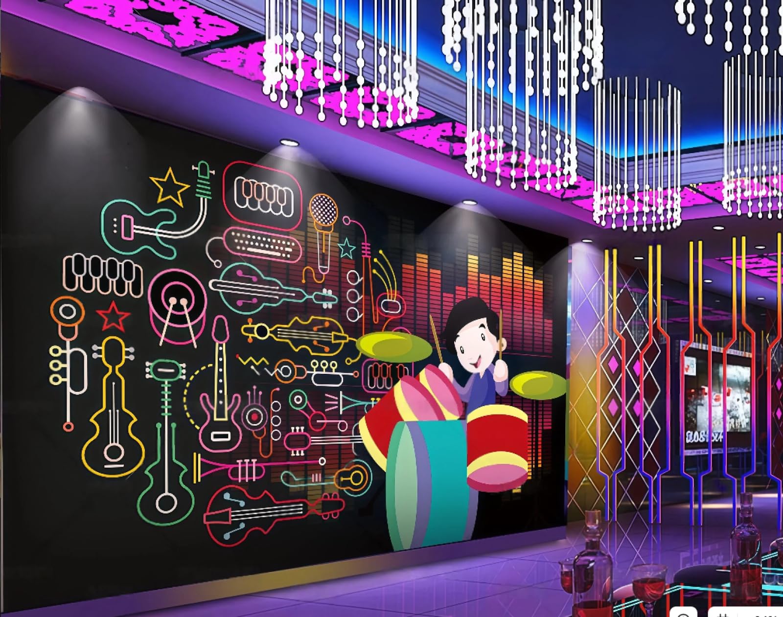 XDOUBAO Wallpaper Fashion Colorful Cartoon Drum Set Music Instrument Theme Bar Afternoon Tea Western Restaurant Background Wallpaper Coffee Shop Mural,3D,300x210cm