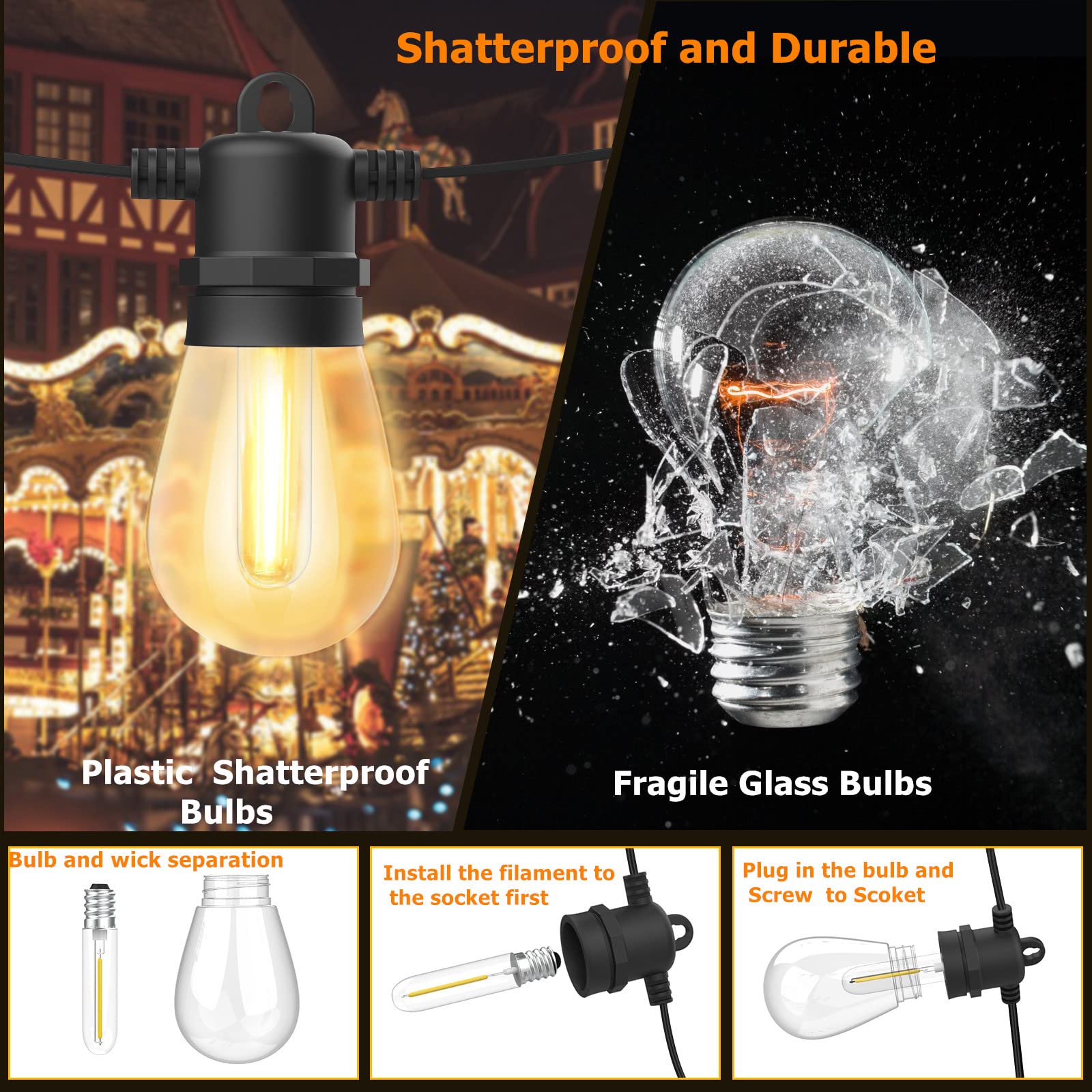 Yuucio 30M Catena Luminosa Esterno, Catena Luci Stringa Esterni 30+2 S14 LED Lampadine, IP65 Impermeabile Collegabili Luci da Esterno per Giardino Pergole Balcone Cortili
