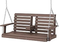 KINGYES 2-Seat Outdoor Hanging Porch Swing with Flip-Down Cup Holders, Waterproof HDPE, 660LBS Capacity - Patio Garden Swing, Brown
