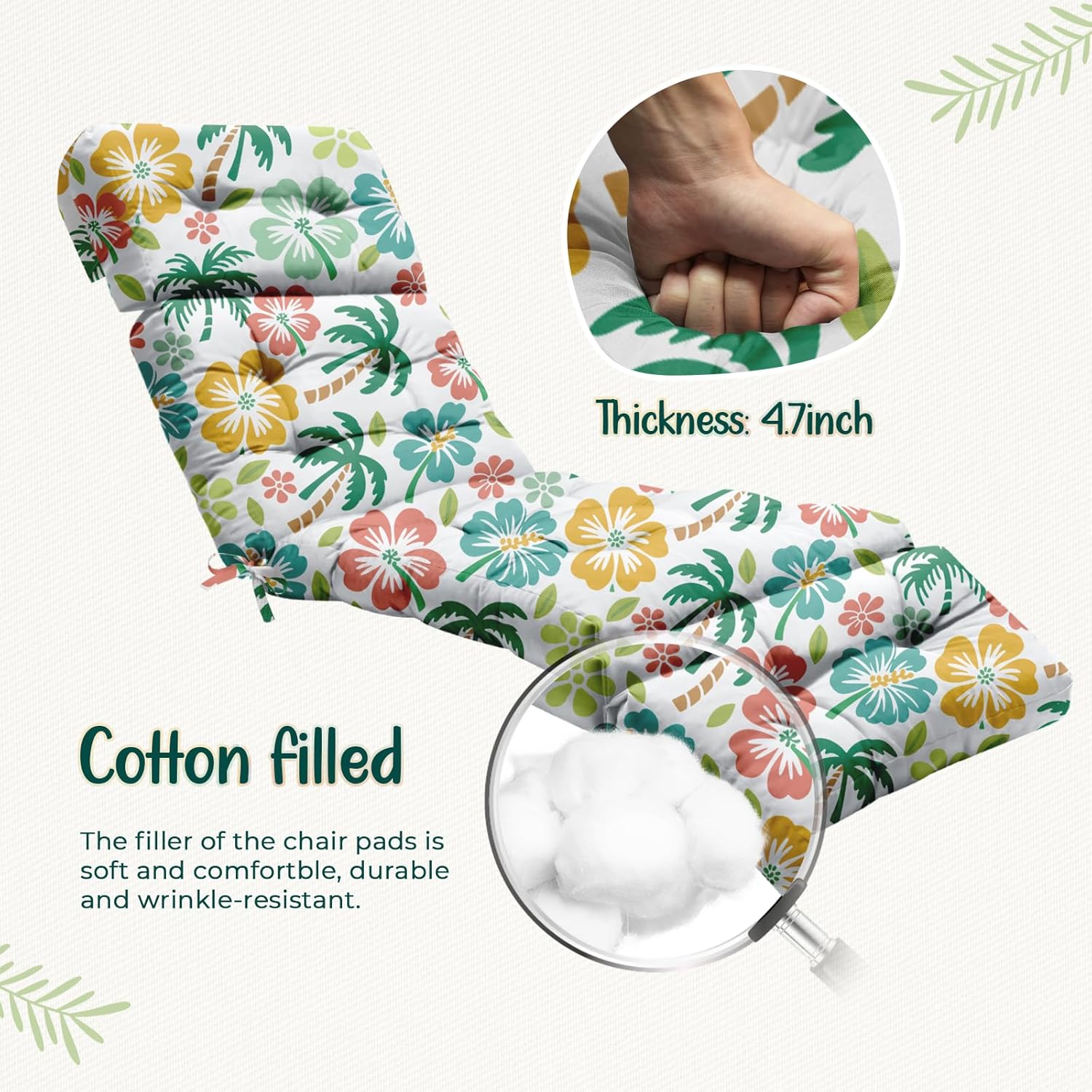 Outdoor Chaise Lounge Chair Cushion 75.1 x 22.8 x 4.7 Inches 100% Waterproof Replacement Cotton Patio Pool Lounge Chair Cushion for Outdoor Furniture with Ties, Green Coconut Tree