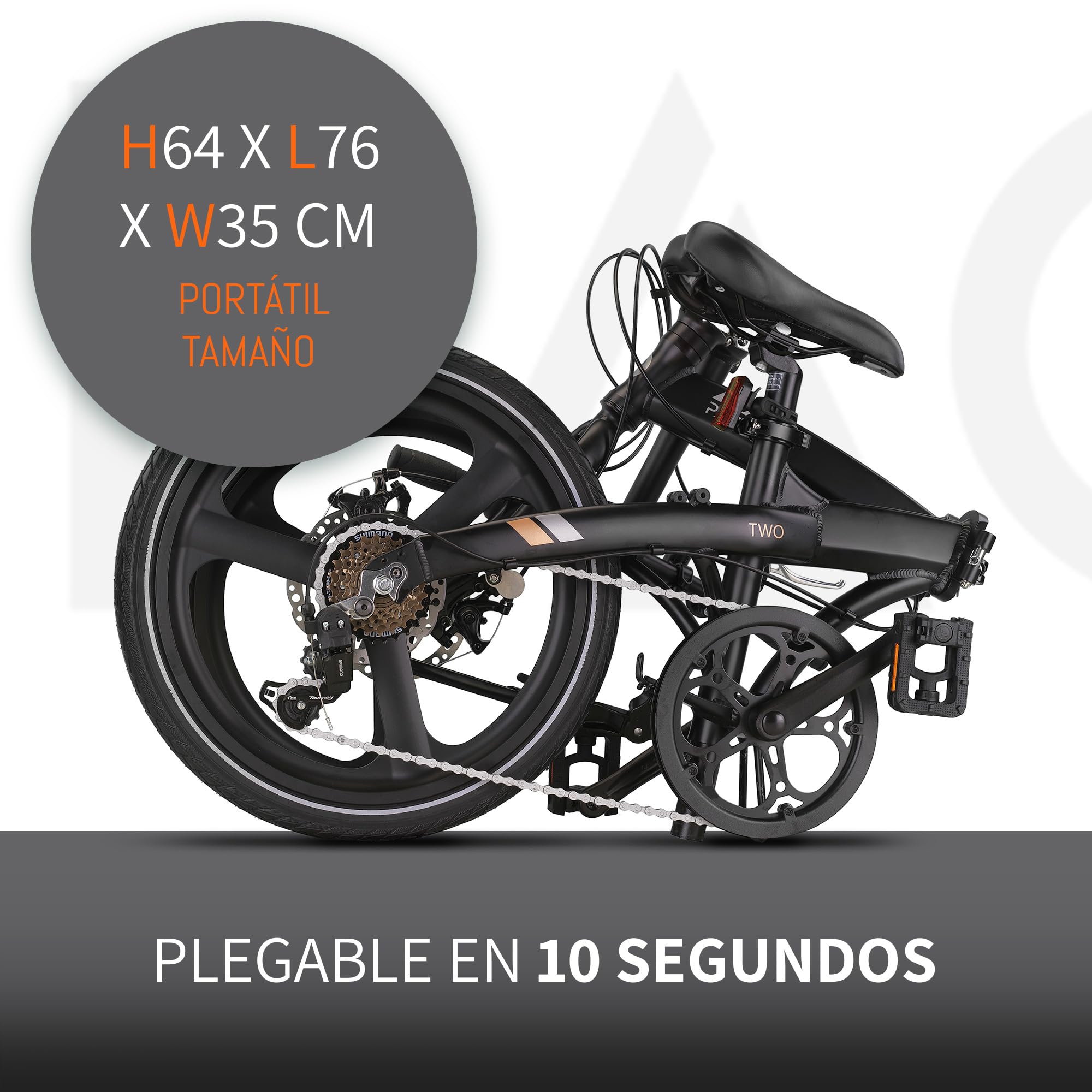 PACTO Bicicleta plegable de 20 pulgadas con sistema de plegado rápido (10 segundos), marco de aluminio, peso ligero (13 kg), Shimano de 6 velocidades, freno de disco doble y luz LED