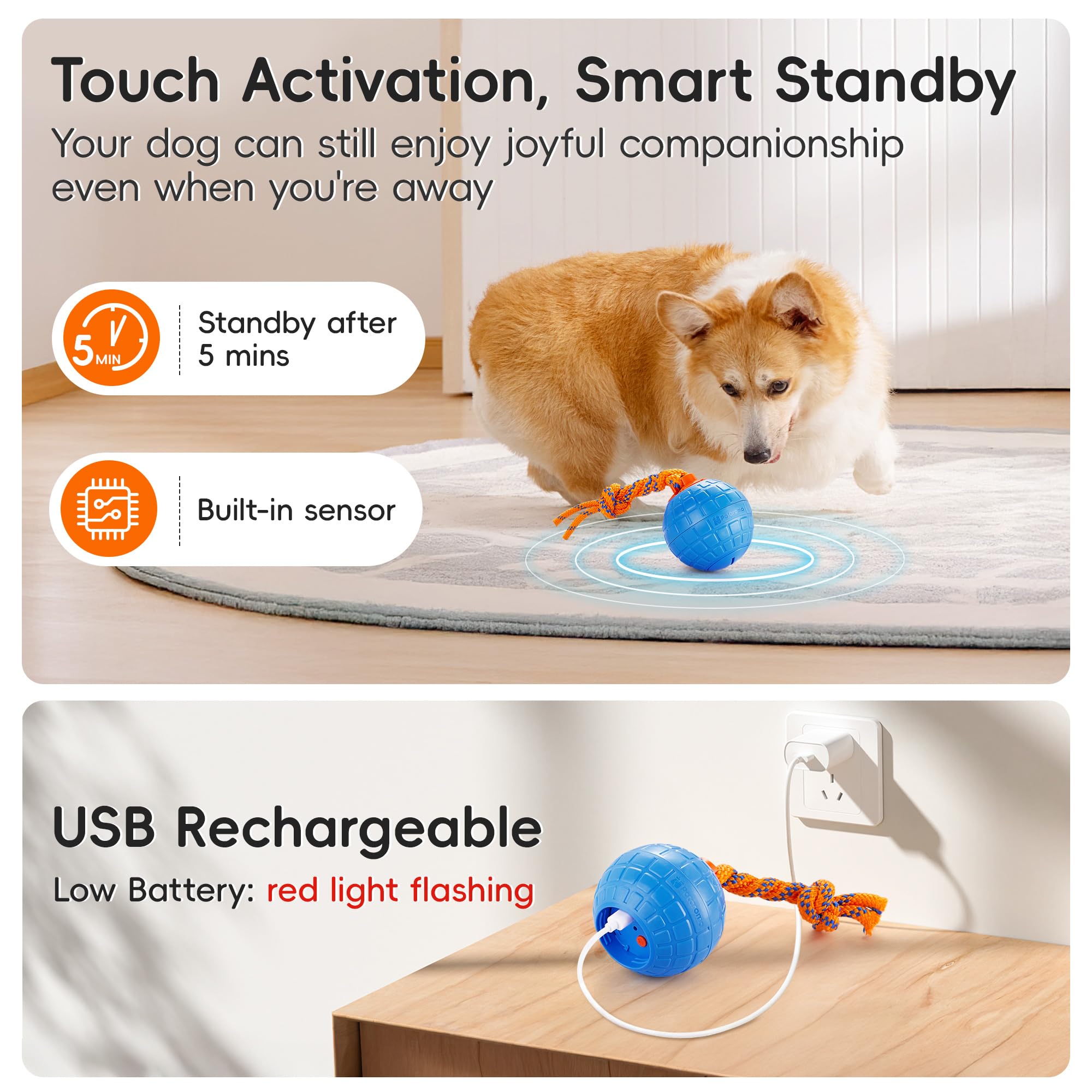 Potaroma Jouet interactif pour Chien - Activation Tactile - Jouet sonore couineur pour Chien - Balle Mobile pour l'exercice du Chiot avec Corde à mâcher - Bleu Delft
