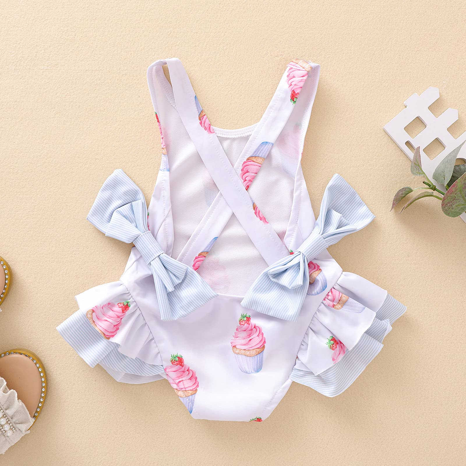 Baby Girls One-Piece Swimsuit Ice Cream Print Bathing Suit Ruffles Swimwear Cute Bowknot Beachwear(12-18months,Lightpink)