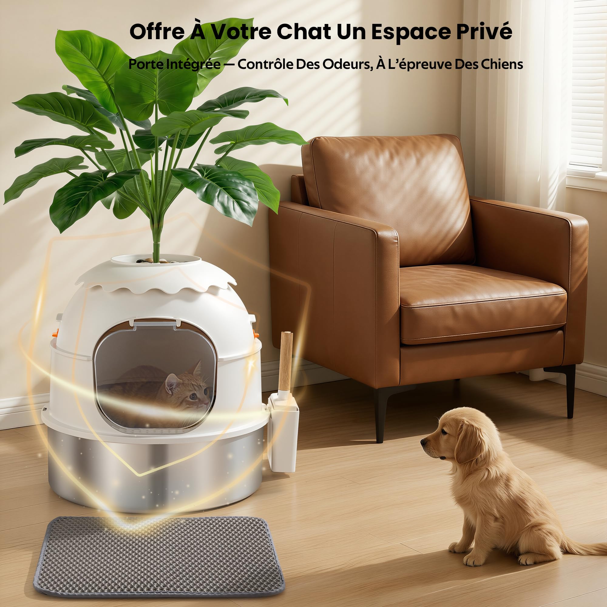 Bac à litière pour chat, Litière Plante en Acier Inoxydable avec Décoration de Plante, Enceinte avec Porte Claire, Inclut Pelle et Tapis à Litière, Contrôle des Odeurs Blanc