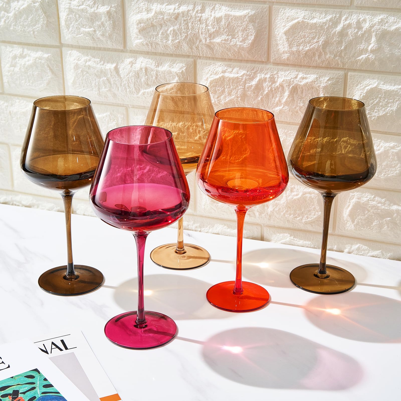Khen Juego de 5 copas de vino de cristal de colores, vasos grandes de 20 onzas, flor de verano, estilo italiano brillante, vasos de tallo alto para vino tinto y blanco, copas de cena de agua,