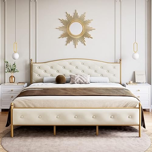 Senfot Base de cama tamaño King con plataforma tapizada de terciopelo y cabecera capitoné con botones base de colchón de metal resistente y listones