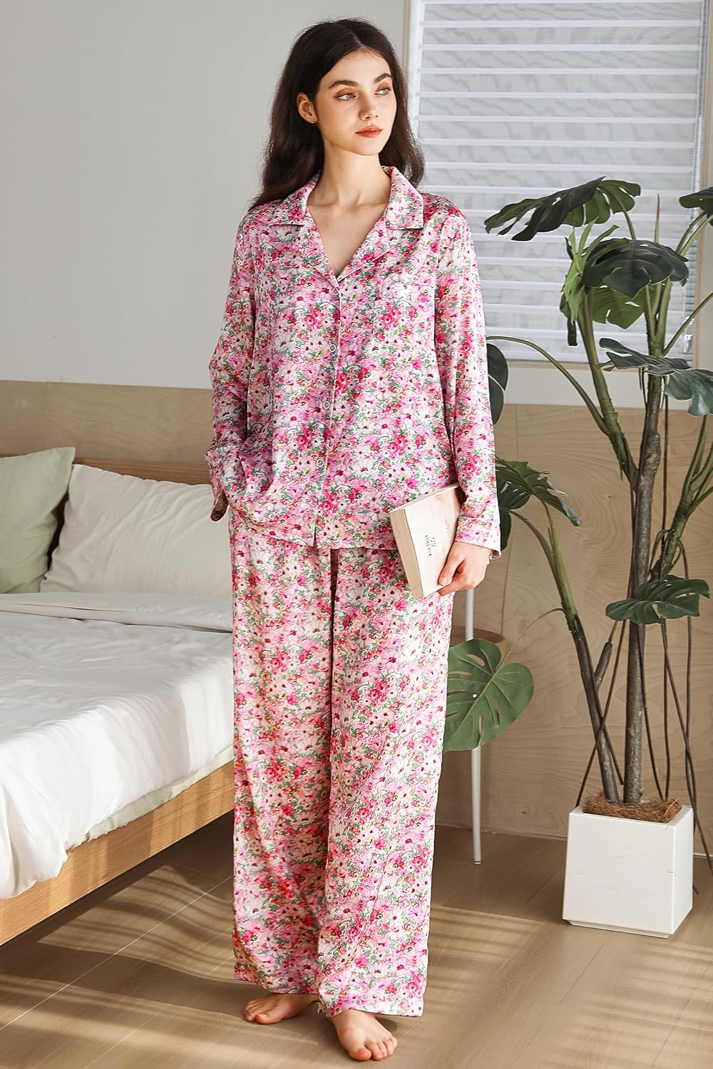 Womens Silk Satin Pajamas Set Button Down 2 Piece Pjs Long Sleeve Oversized Sleepwear with Pockets - Image 5