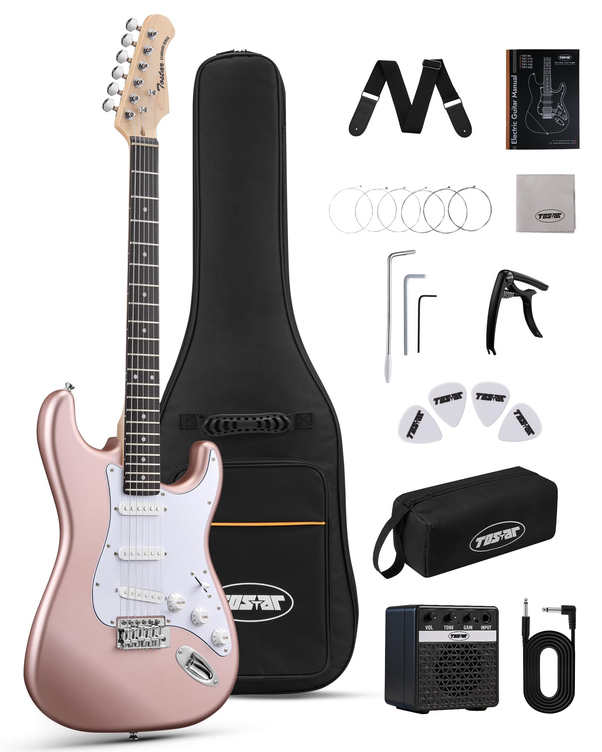 Kit per chitarra elettrica per principianti da 99 cm con amplificatore e pickup HSS, set completo per principianti con elementi essenziali, custodia da concerto, corde extra, accordatore digitale