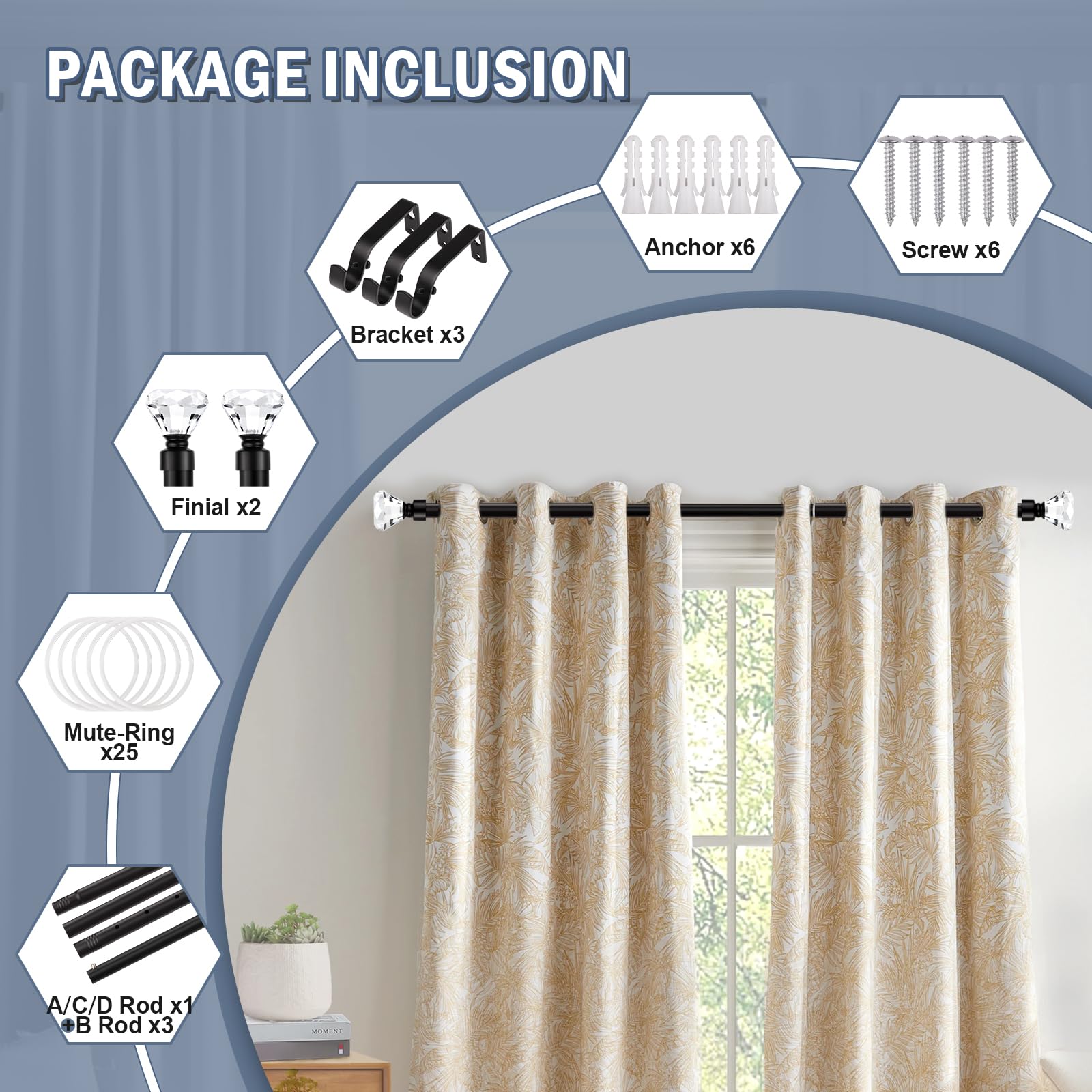 Orger 2,5 cm Diamant Gardinenstange 2 Stück Teleskop für Fenster von 30 bis 80 Zoll Schwarz Gardinenstangen Verstellbar Dekorative Einzel Gardinenstangen Set mit Modern Diamant Design