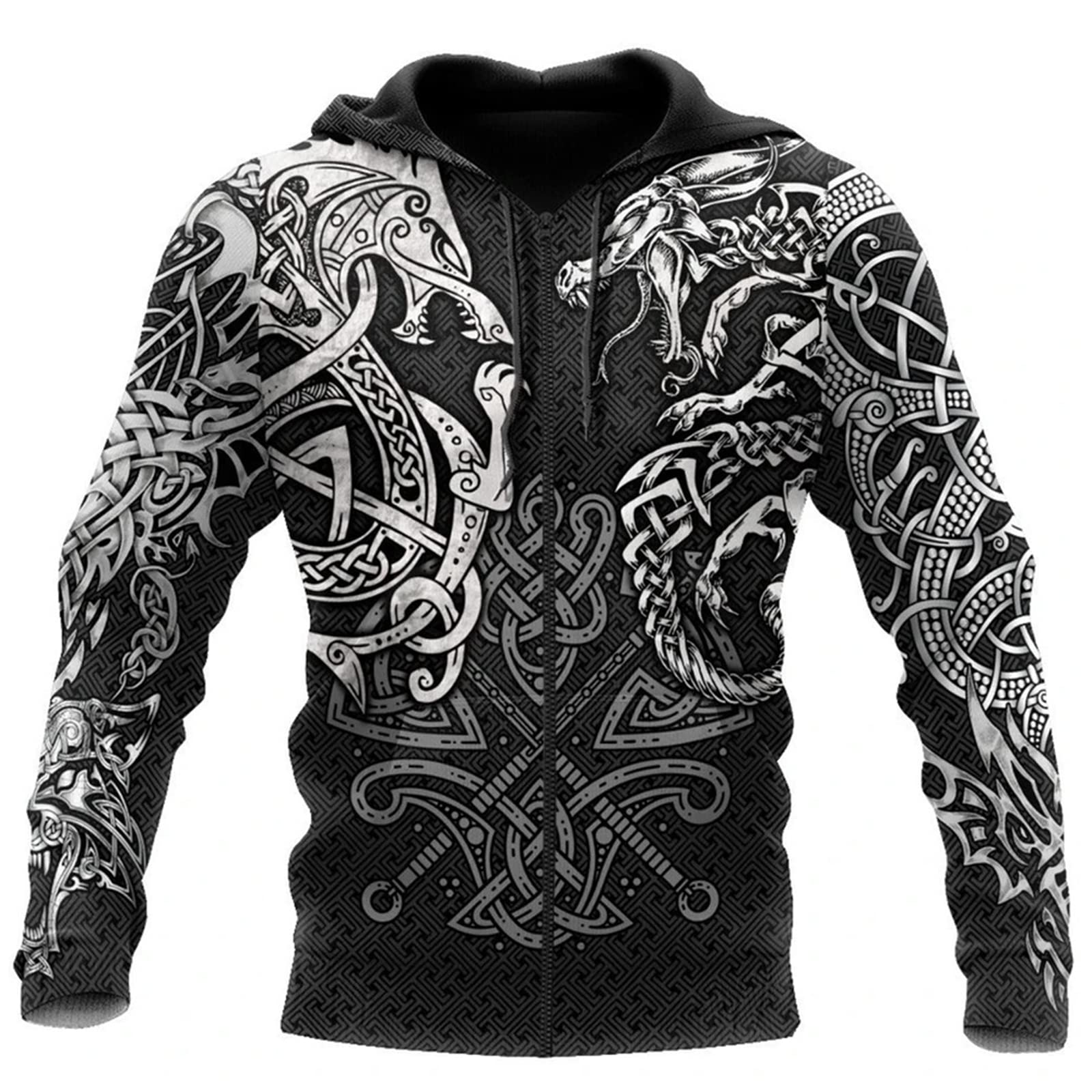 kewing Men's Viking Zip Hoodie Norse Mythology Viking Tattoos Printed Sweatshirt Unisex Zip Pullover Casual Cardigan Jacket with Pockets