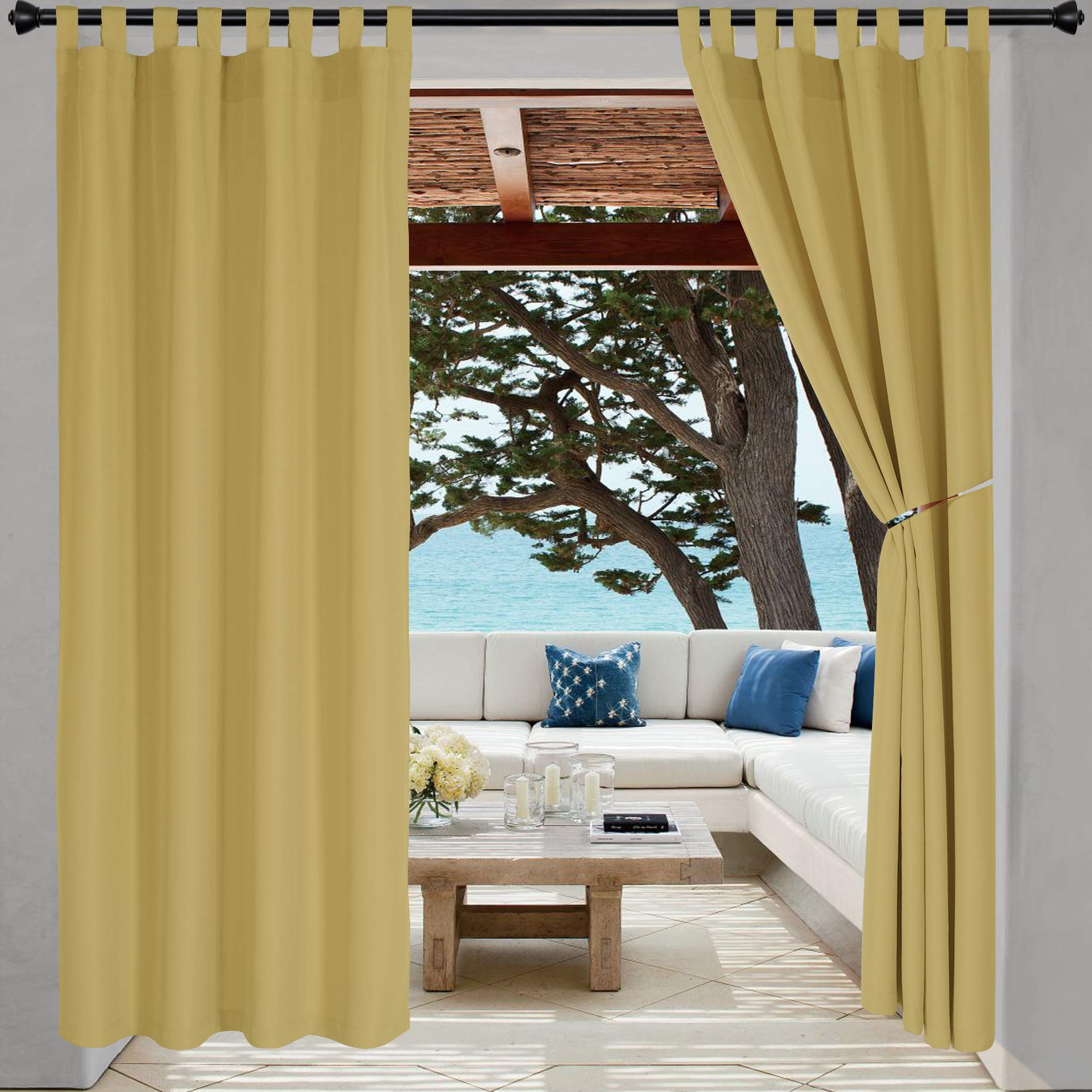 LORDTEX Indoor/Outdoor Curtains - Waterproof Tab Top Patio Curtains Sun Blocking Set of 2 Panels Thermal Insulated Curtain for Porch, Pergola, Cabana,